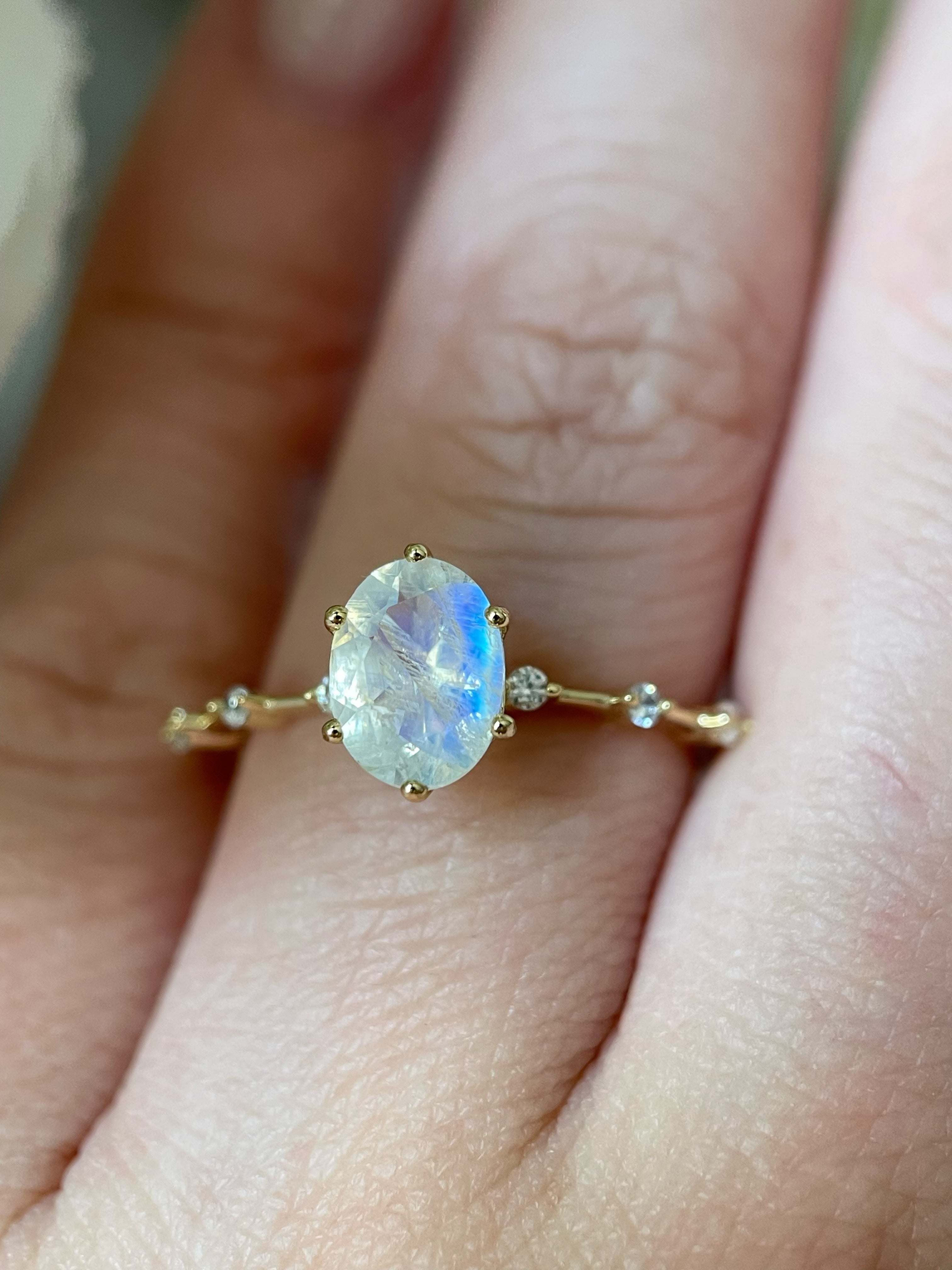 【Eternal Phases】Unique Handmade Natural Blue Moonstone Engagement Ring 1.5ct Oval Cut