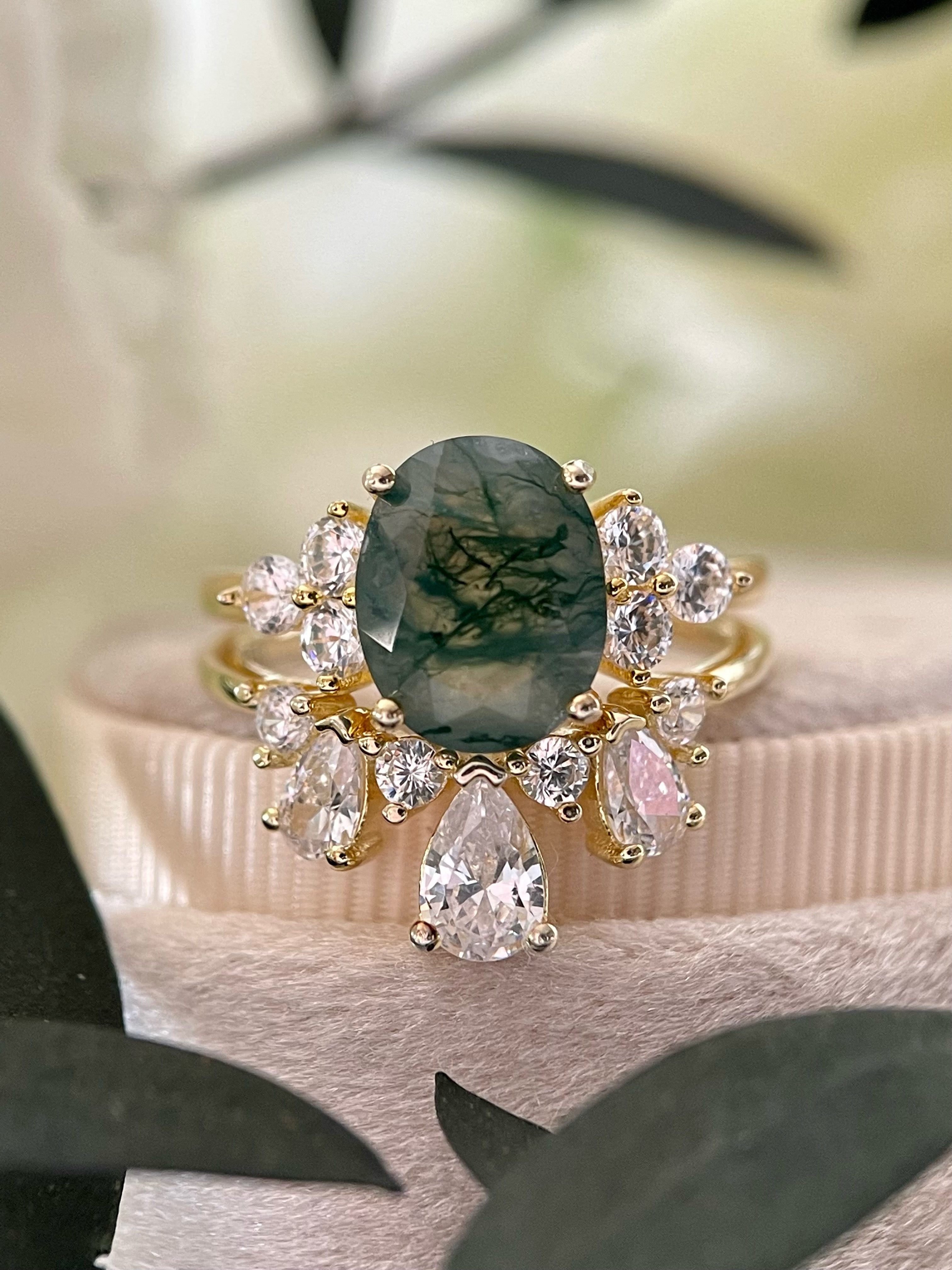 【ENSEMBLE ELOWEN】Ensemble de 2 bagues de fiançailles ovales en agate mousse naturelle, 3 carats, fabriquées à la main.