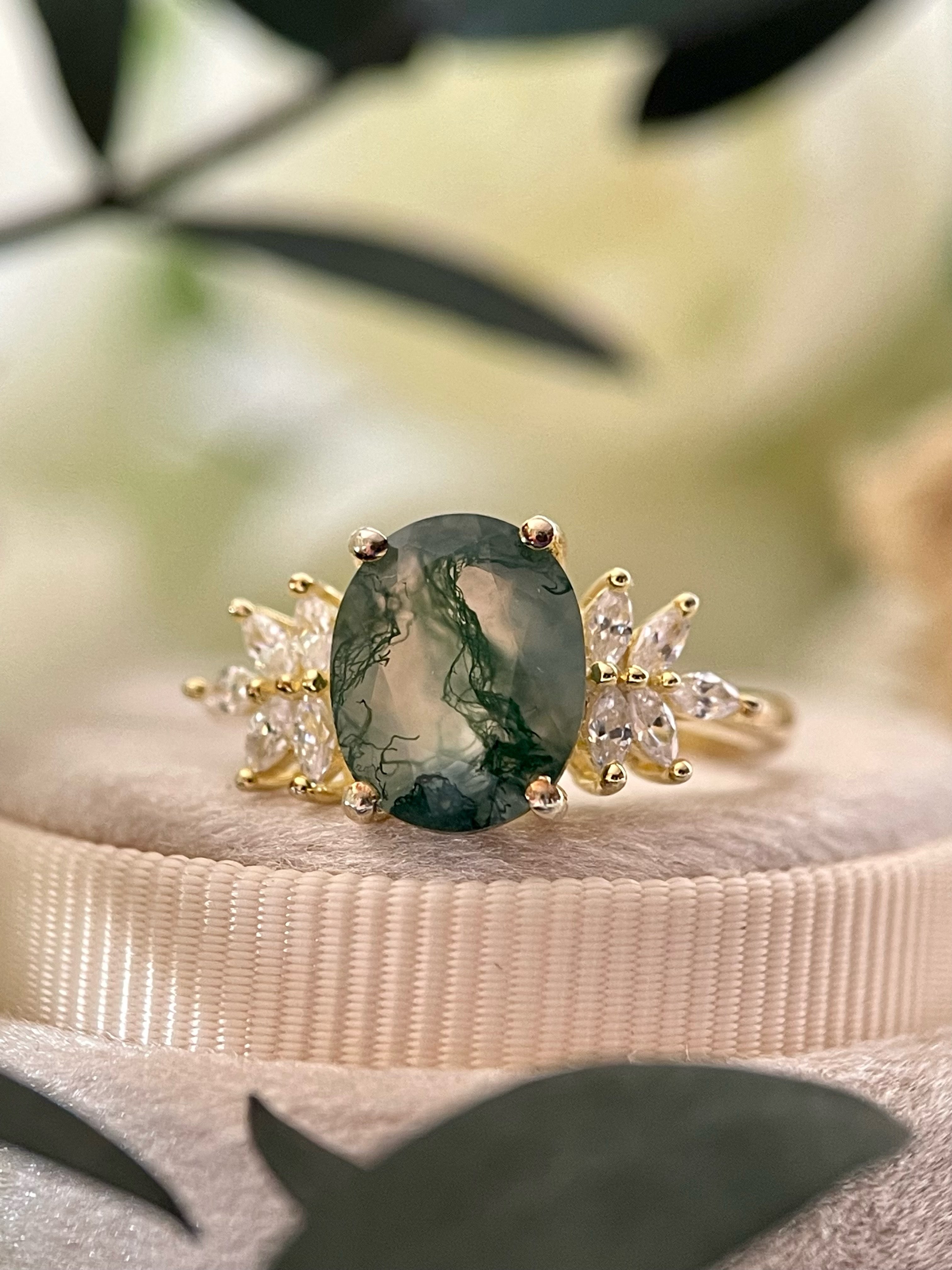 【SIERR】Bague de fiançailles ovale unique en agate mousse naturelle, faite main, 3 carats