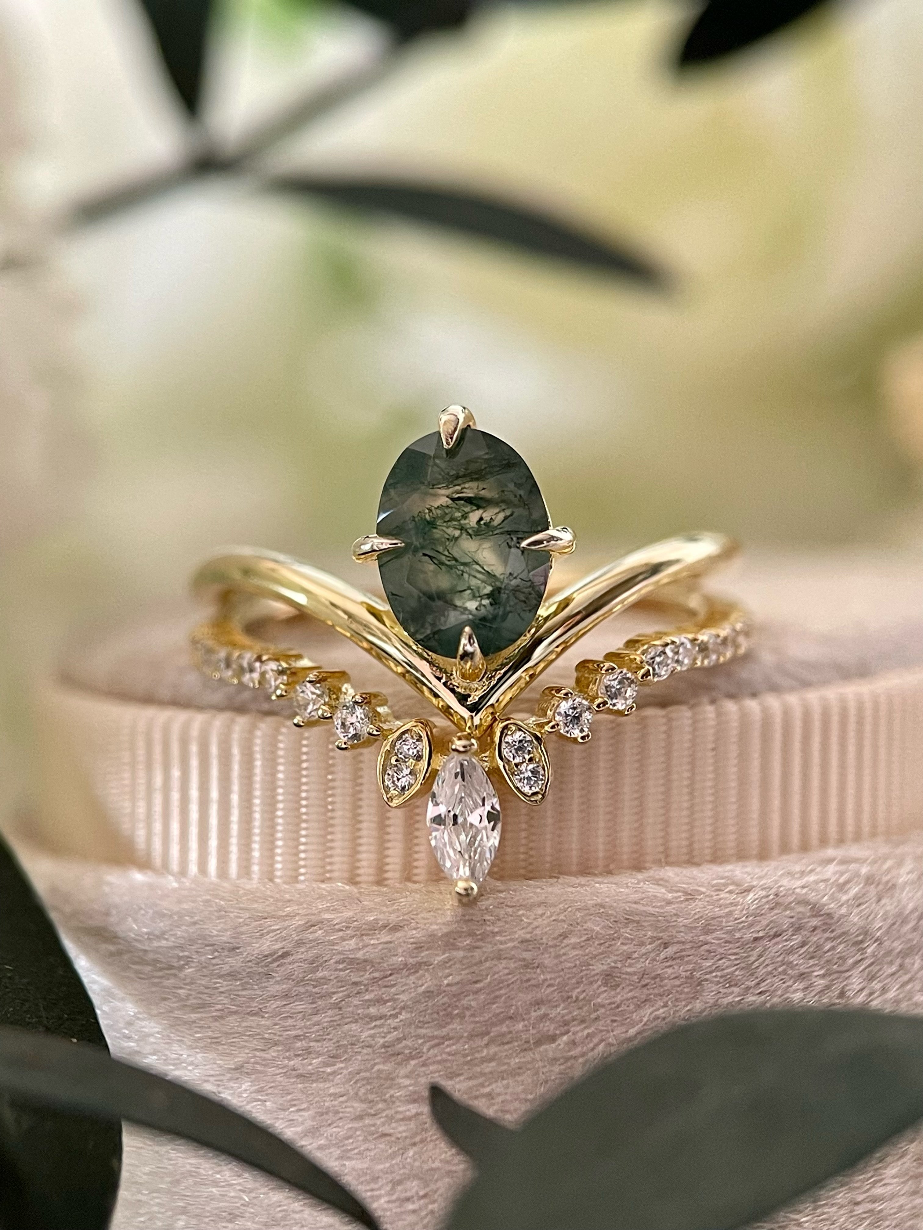 【ENSEMBLE DE JADE】Ensemble unique de bagues de fiançailles en agate mousse naturelle faite à la main, 2 pièces, forme ovale, 1,5 carat