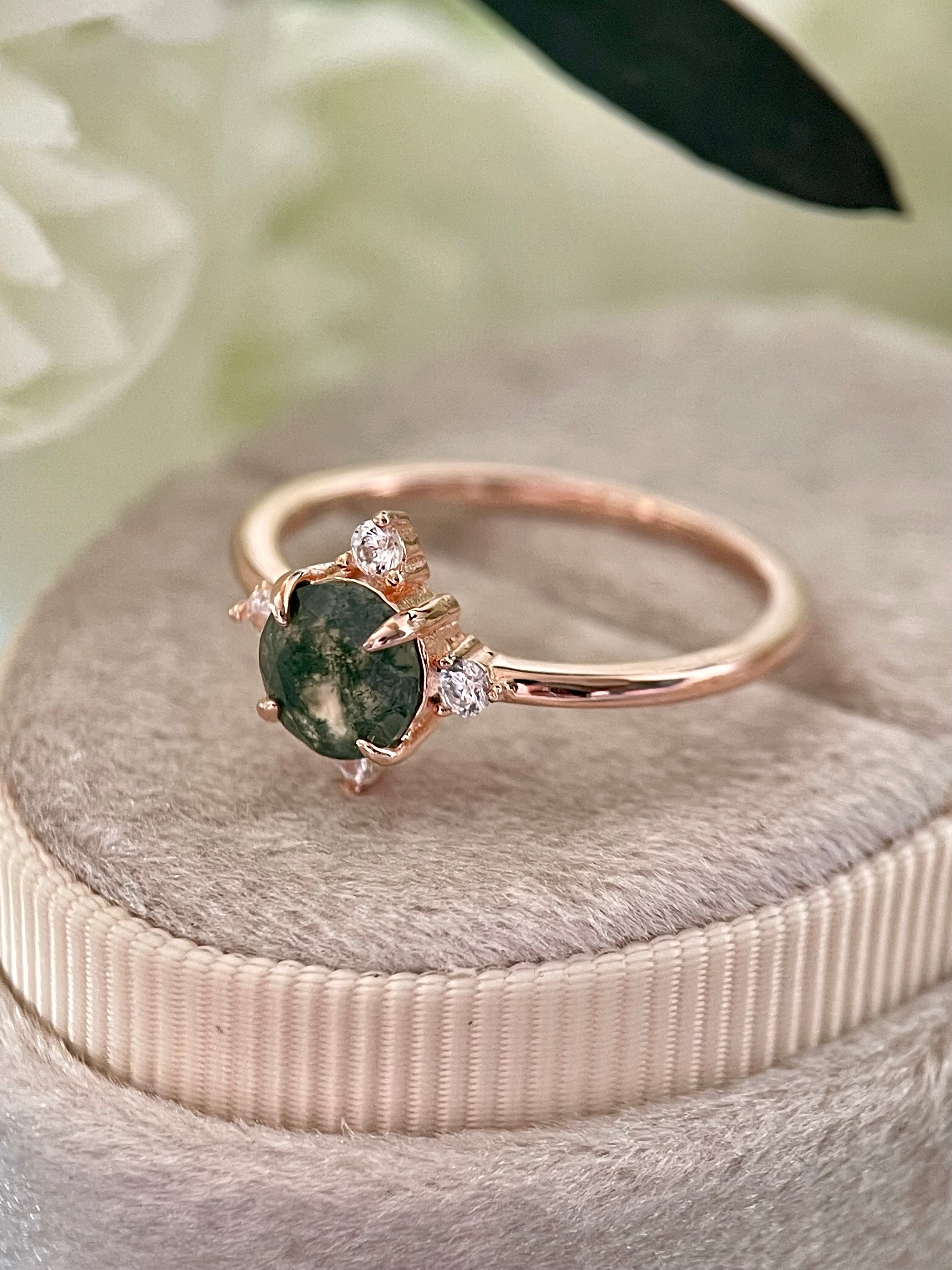 【THAILA】Bague de fiançailles unique, faite main, en agate mousse naturelle, 2 carats, forme ronde, 0,8 carat