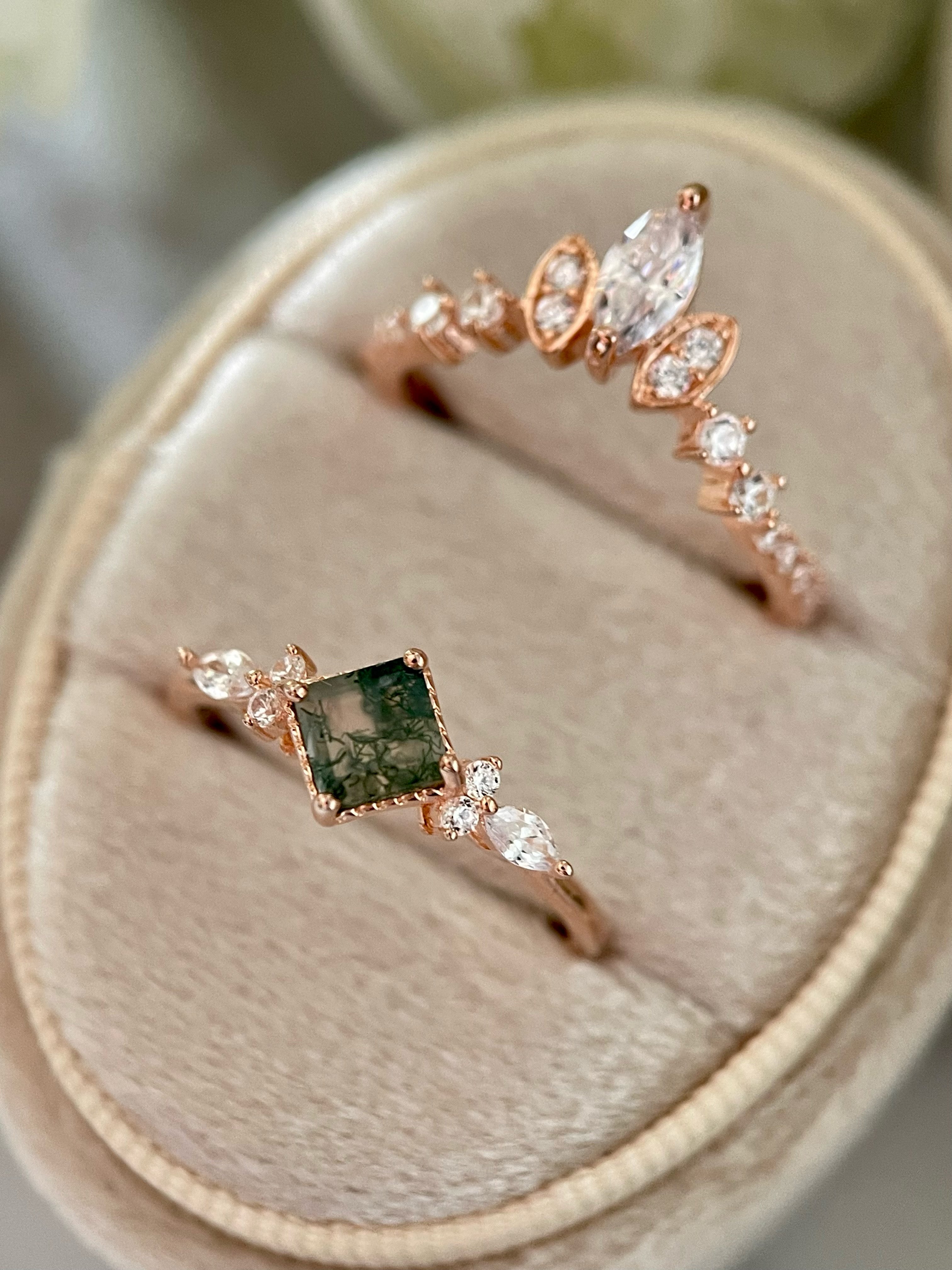 【ENSEMBLE GAIA】Ensemble de 2 bagues de fiançailles uniques, faites à la main, en agate mousse naturelle de 0,75 ct, forme princesse