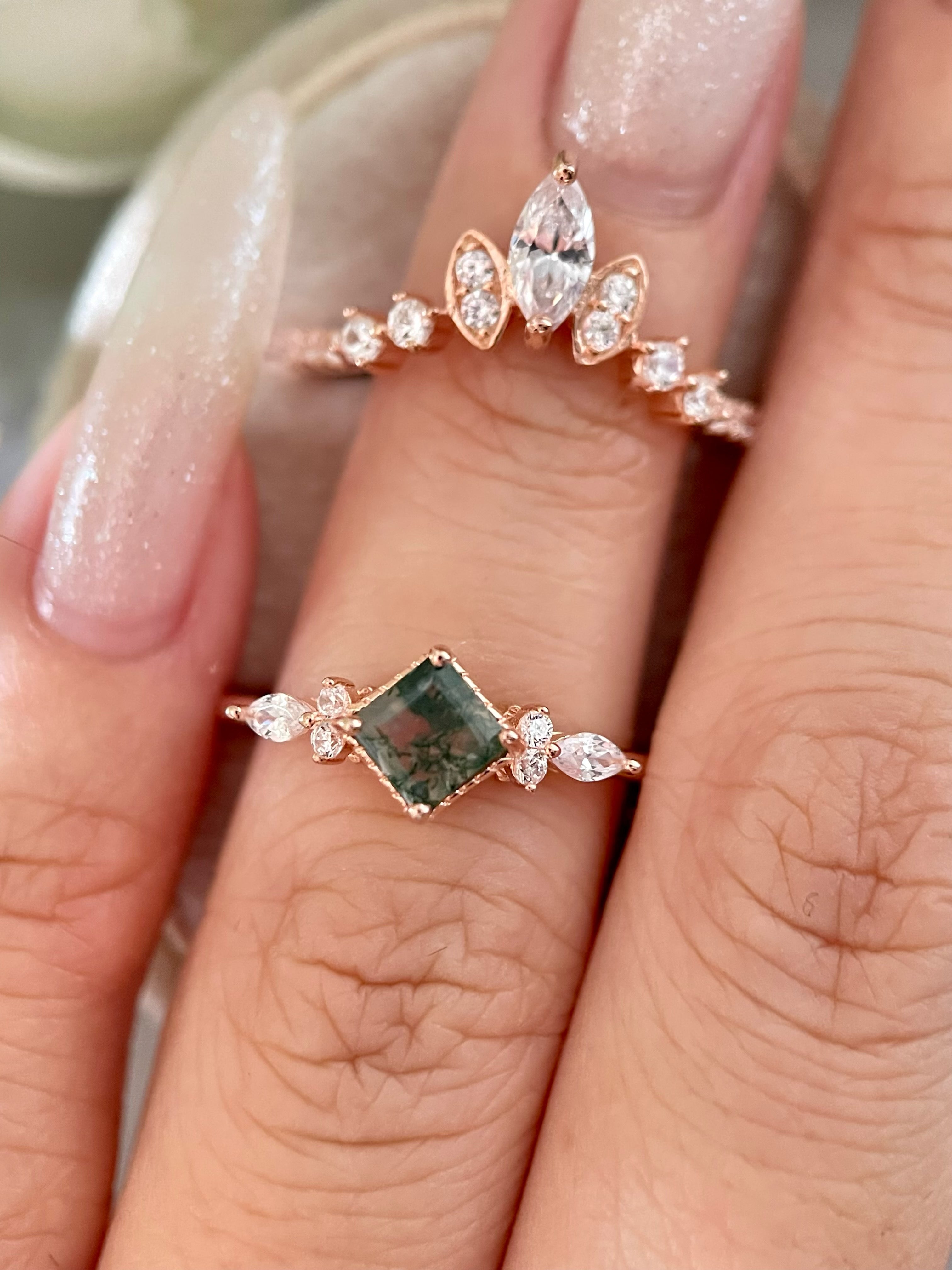 【ENSEMBLE GAIA】Ensemble de 2 bagues de fiançailles uniques, faites à la main, en agate mousse naturelle de 0,75 ct, forme princesse