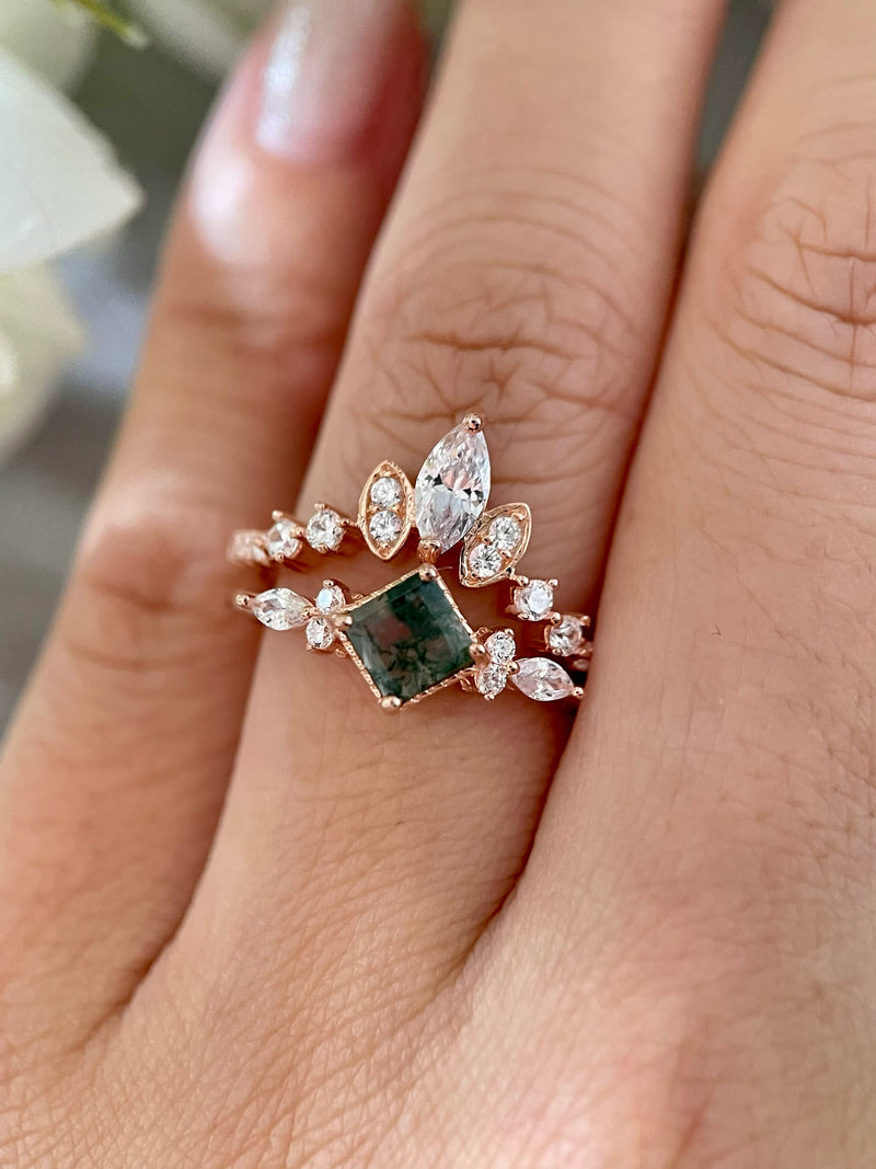 【ENSEMBLE GAIA】Ensemble de 2 bagues de fiançailles uniques, faites à la main, en agate mousse naturelle de 0,75 ct, forme princesse