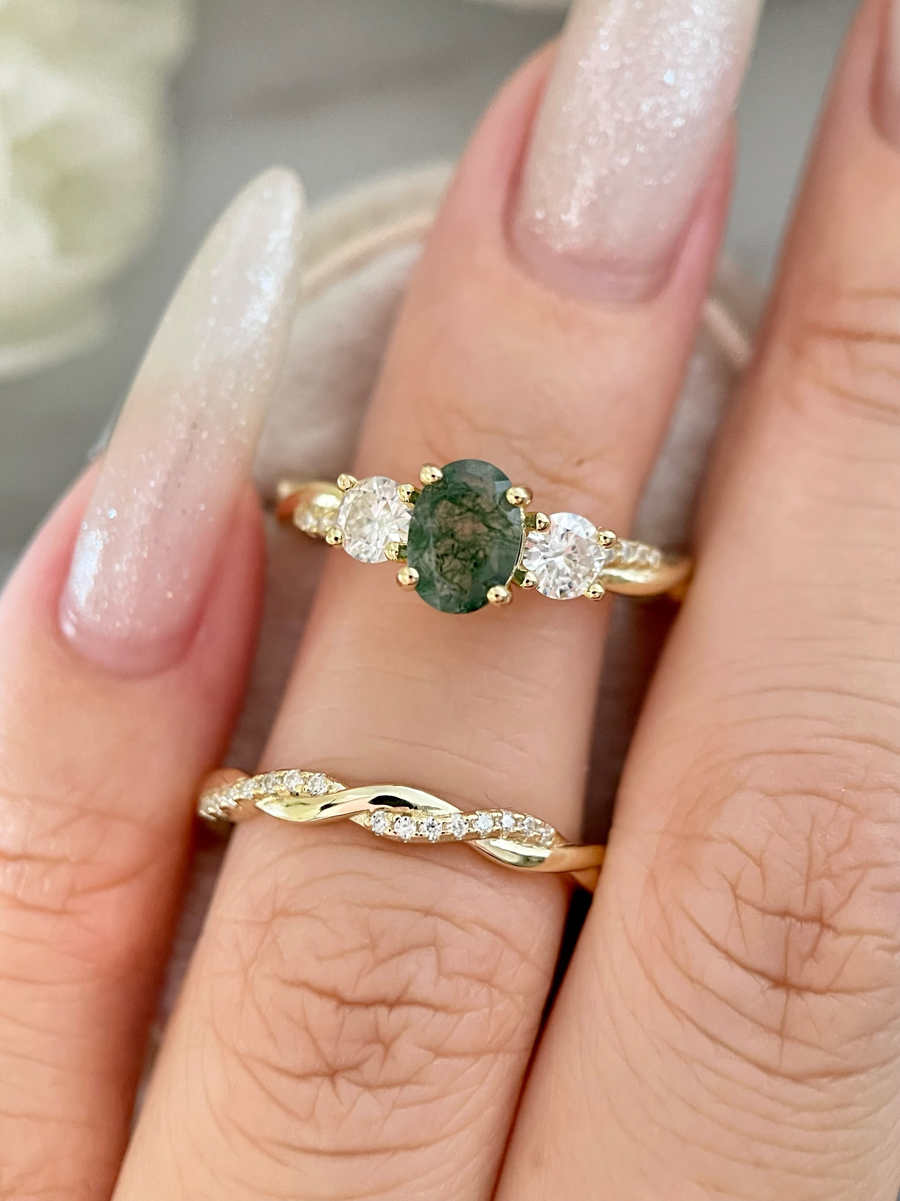 【Veritas】Ensemble de 2 bagues de fiançailles uniques, faites à la main, en agate mousse naturelle de 0,75 ct, forme ovale