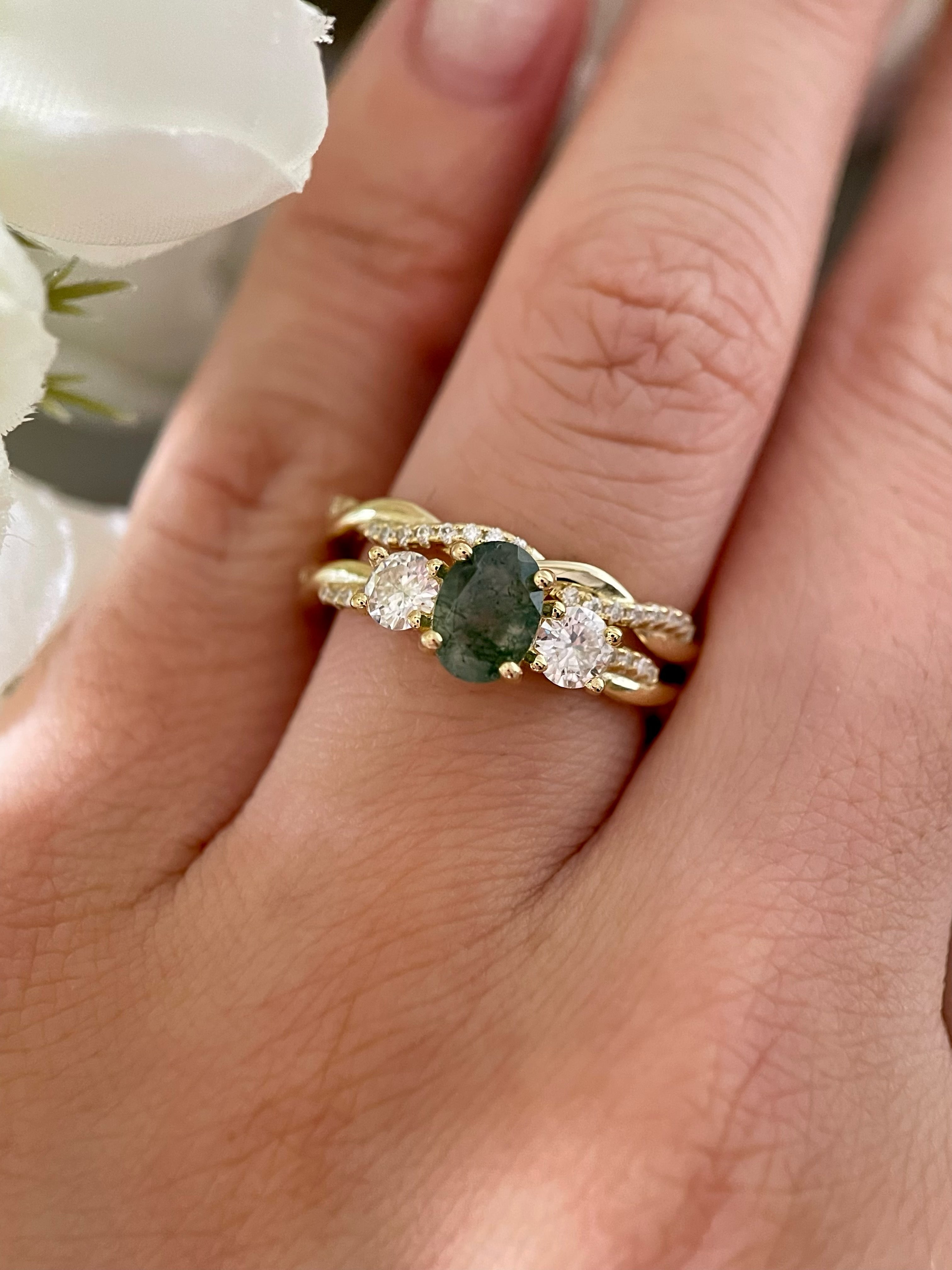 【Veritas】Ensemble de 2 bagues de fiançailles uniques, faites à la main, en agate mousse naturelle de 0,75 ct, forme ovale