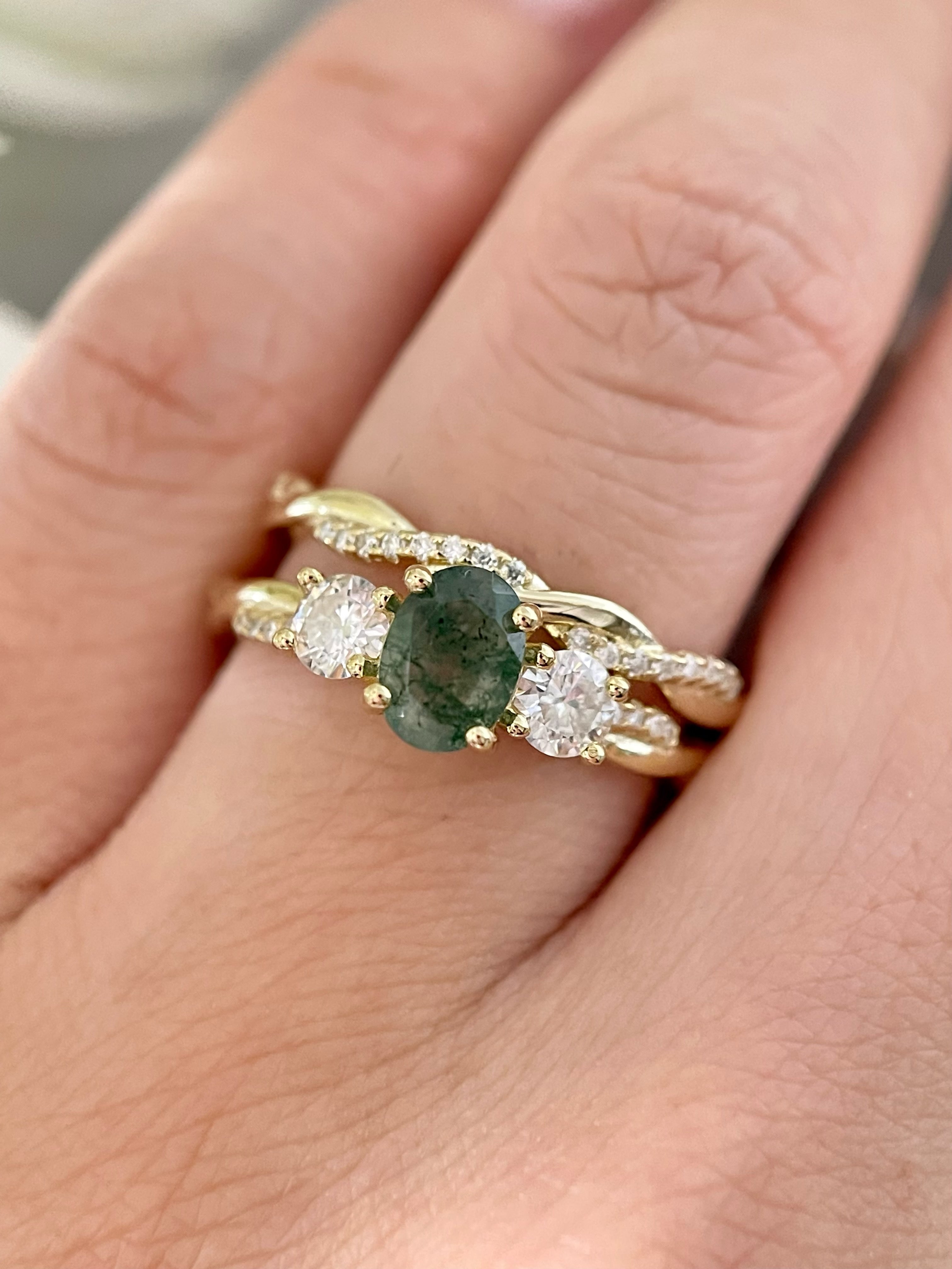 【Veritas】Ensemble de 2 bagues de fiançailles uniques, faites à la main, en agate mousse naturelle de 0,75 ct, forme ovale