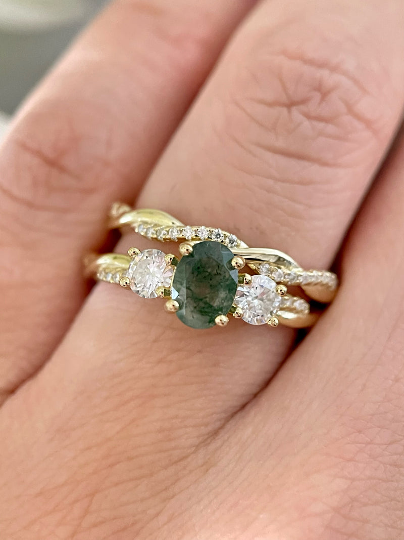 【Veritas】Ensemble de 2 bagues de fiançailles uniques, faites à la main, en agate mousse naturelle de 0,75 ct, forme ovale