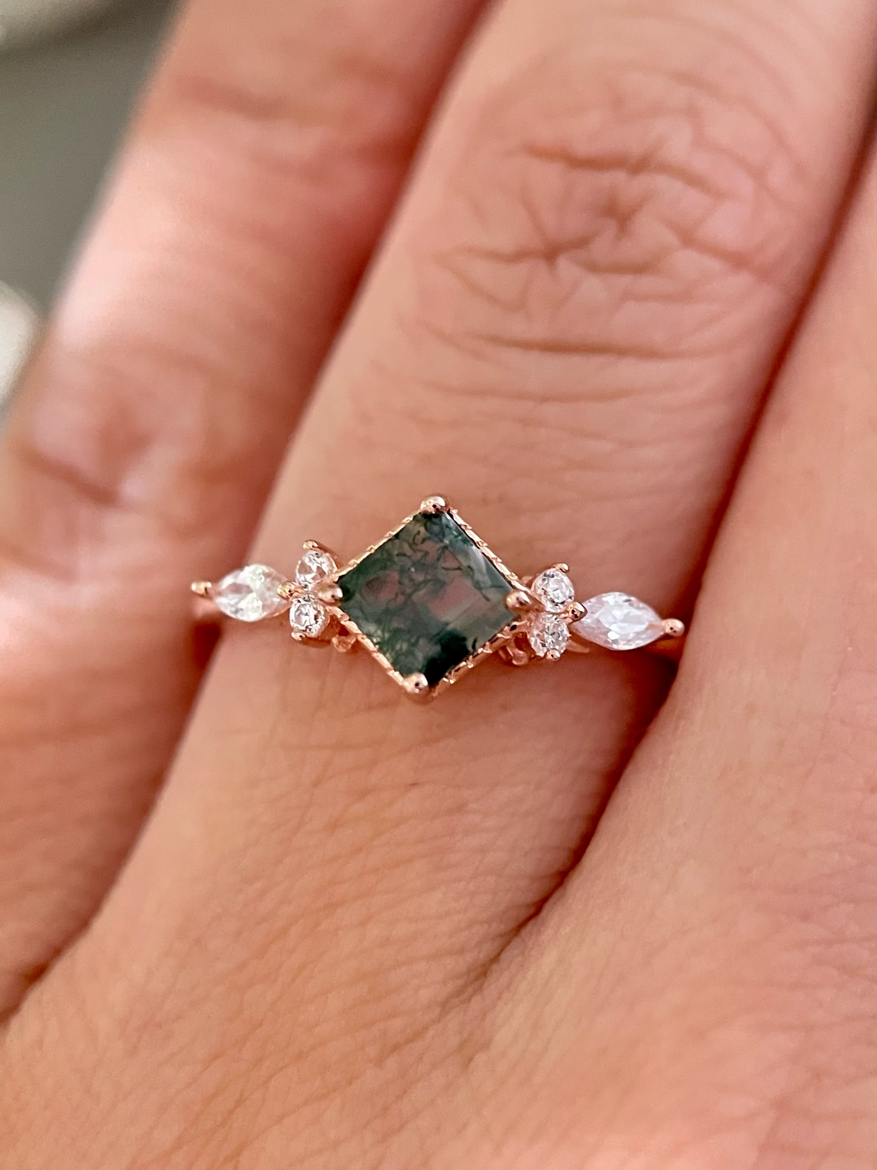 【GAIA】Unique Handmade Natural Moss Agate Engagement Ring 0.75ct Princess Cut
