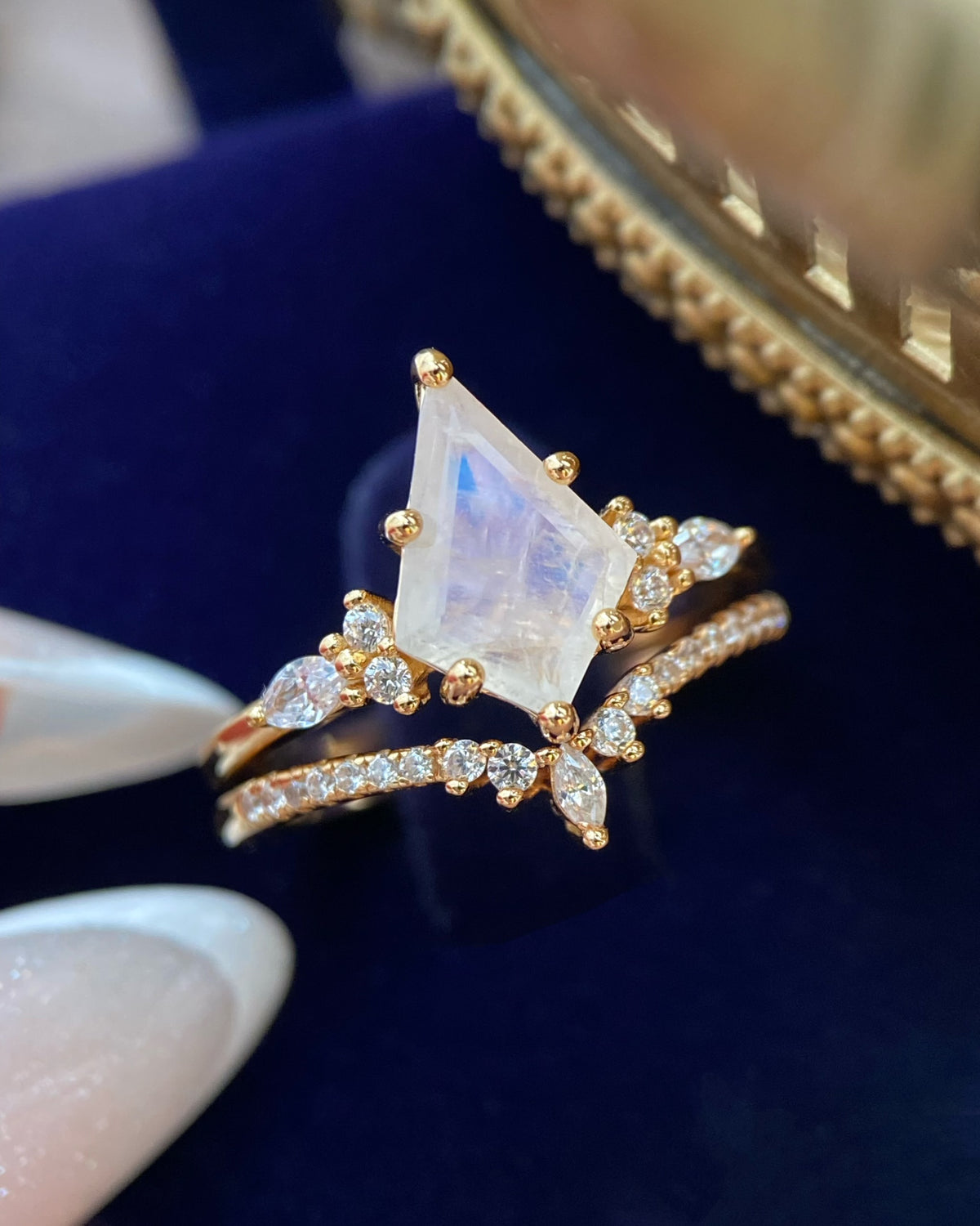 Atalanta| Fantasy Fairy-Core Kite Cut Blue Moonstone Engagement Ring Set