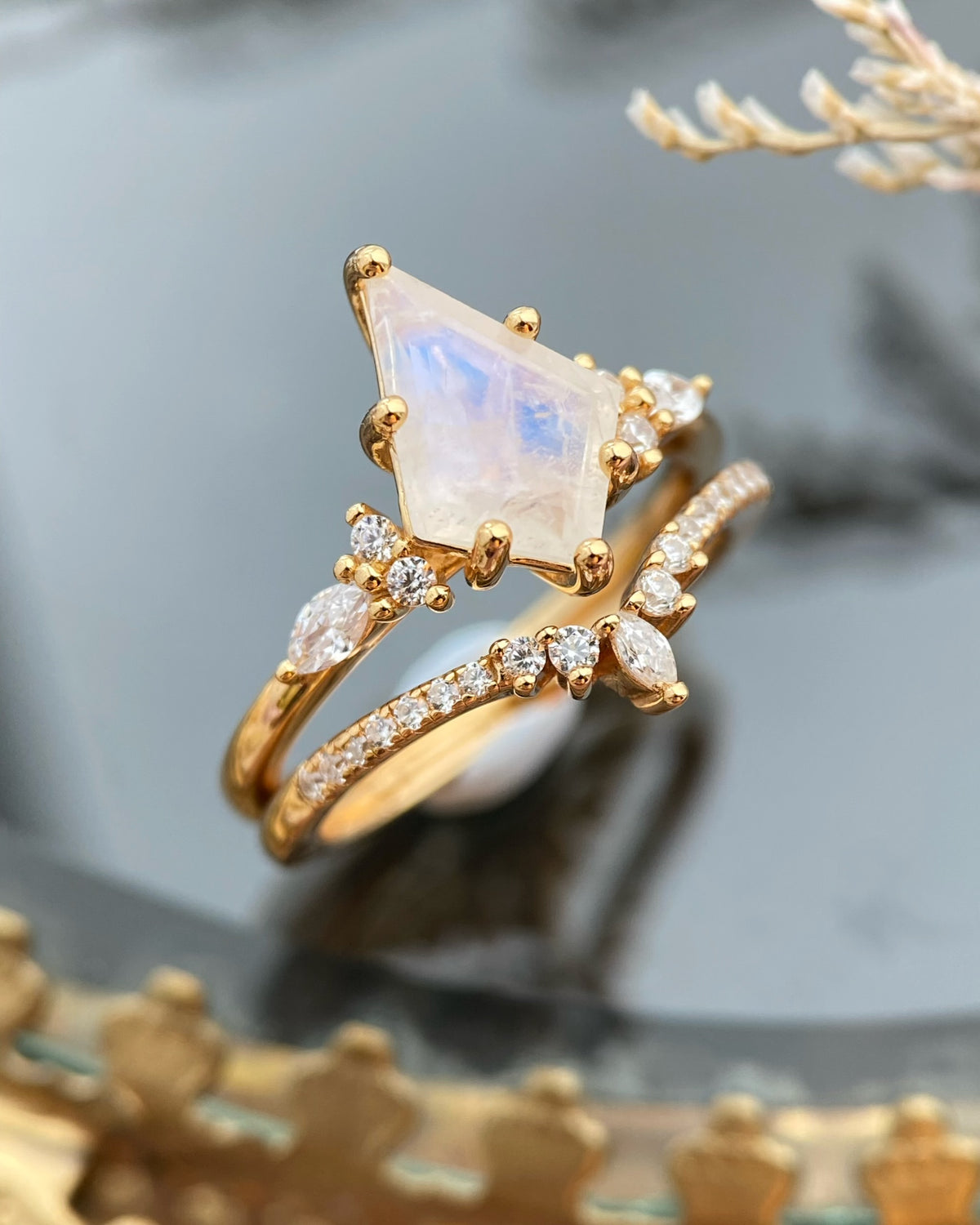 Atalanta| Fantasy Fairy-Core Kite Cut Blue Moonstone Engagement Ring Set