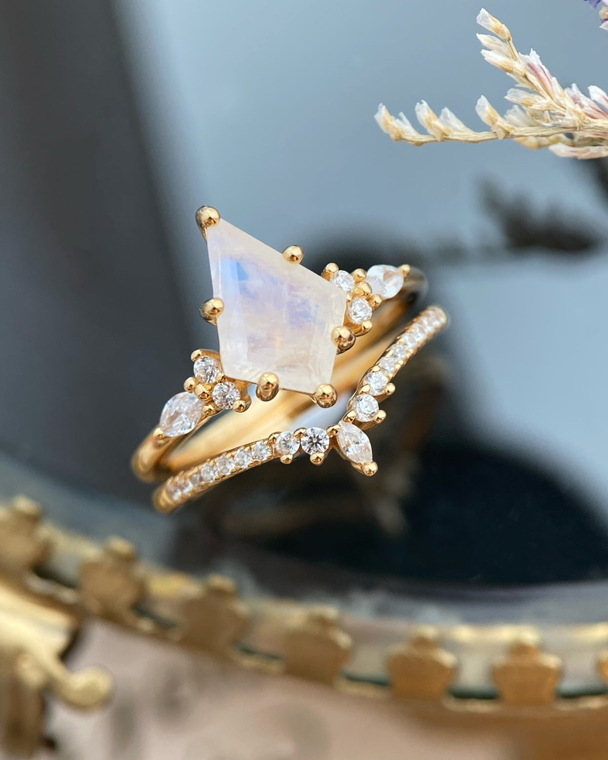 Atalanta| Fantasy Fairy-Core Kite Cut Blue Moonstone Engagement Ring Set