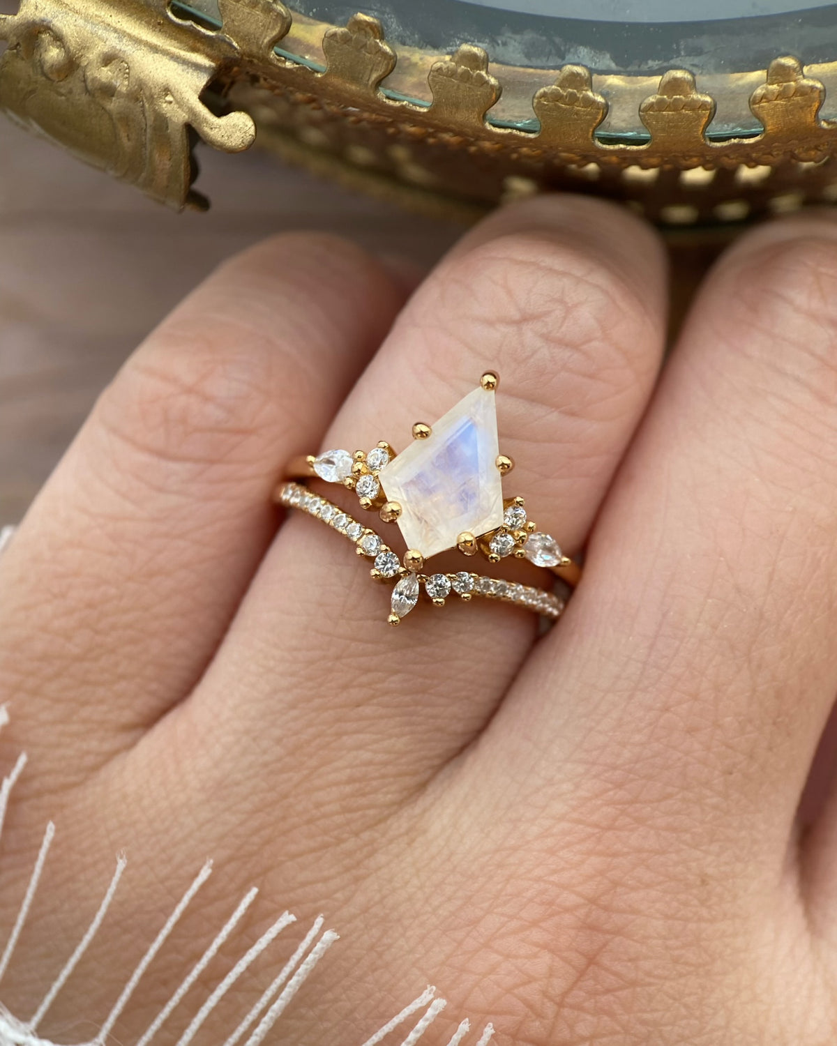 Atalanta| Fantasy Fairy-Core Kite Cut Blue Moonstone Engagement Ring Set