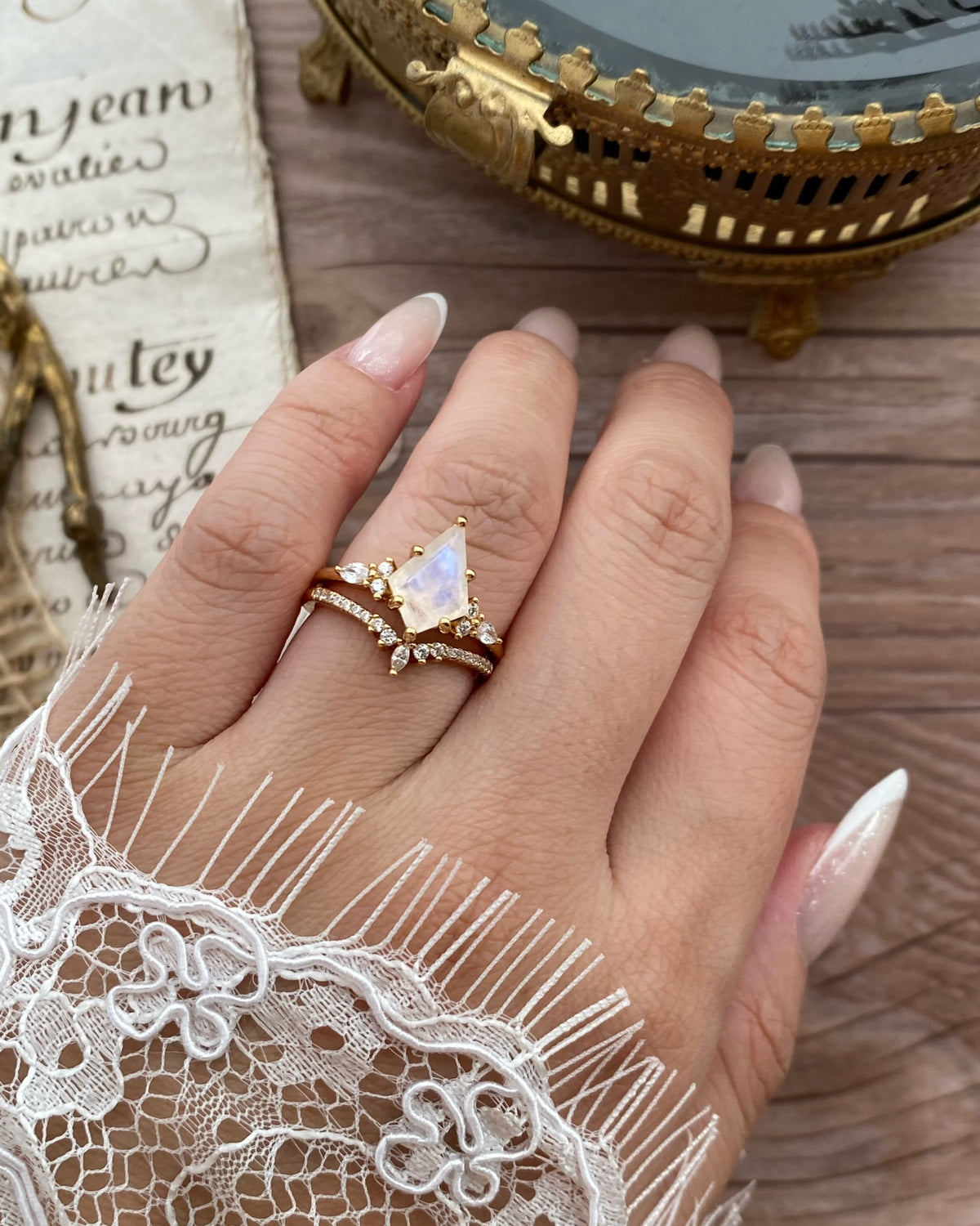 Atalanta| Fantasy Fairy-Core Kite Cut Blue Moonstone Engagement Ring Set