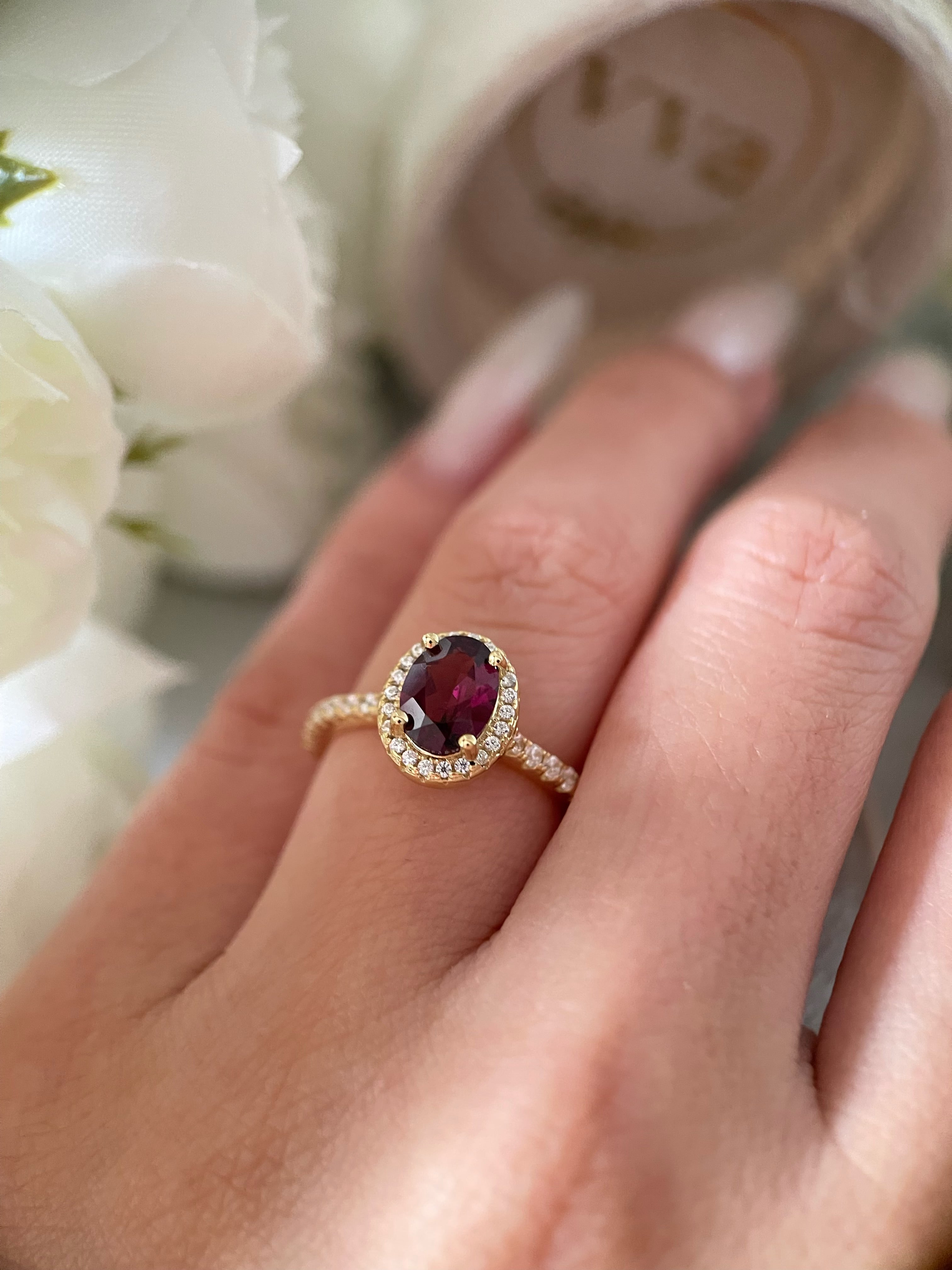 【Amara Cascade】Unique Handmade Natural Rhodolite Garnet Engagement Ring 1.5ct Oval Cut