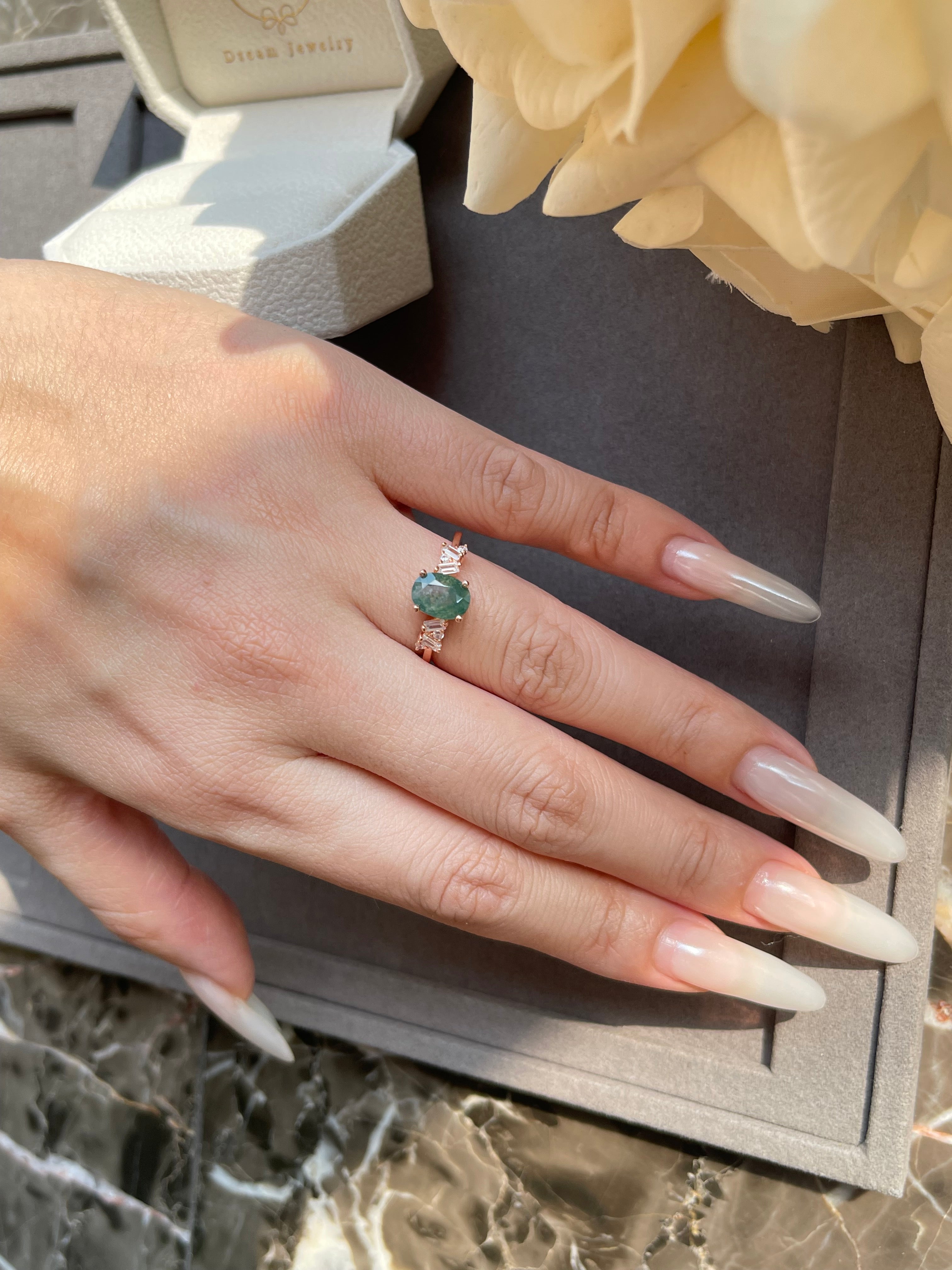 【Sylvan Whisper】Unique Handmade Natural Moss Agate Engagement Ring 1.5ct Oval Shape