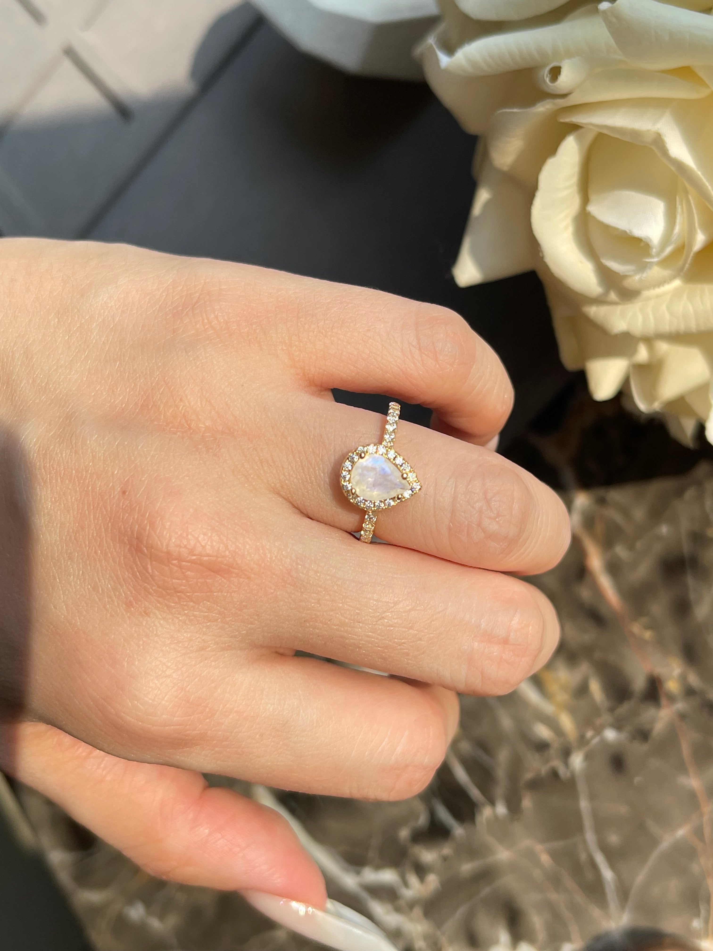 【Moonlit】Unique Handmade Natural Blue Moonstone Engagement Ring 0.8ct Pear Shape