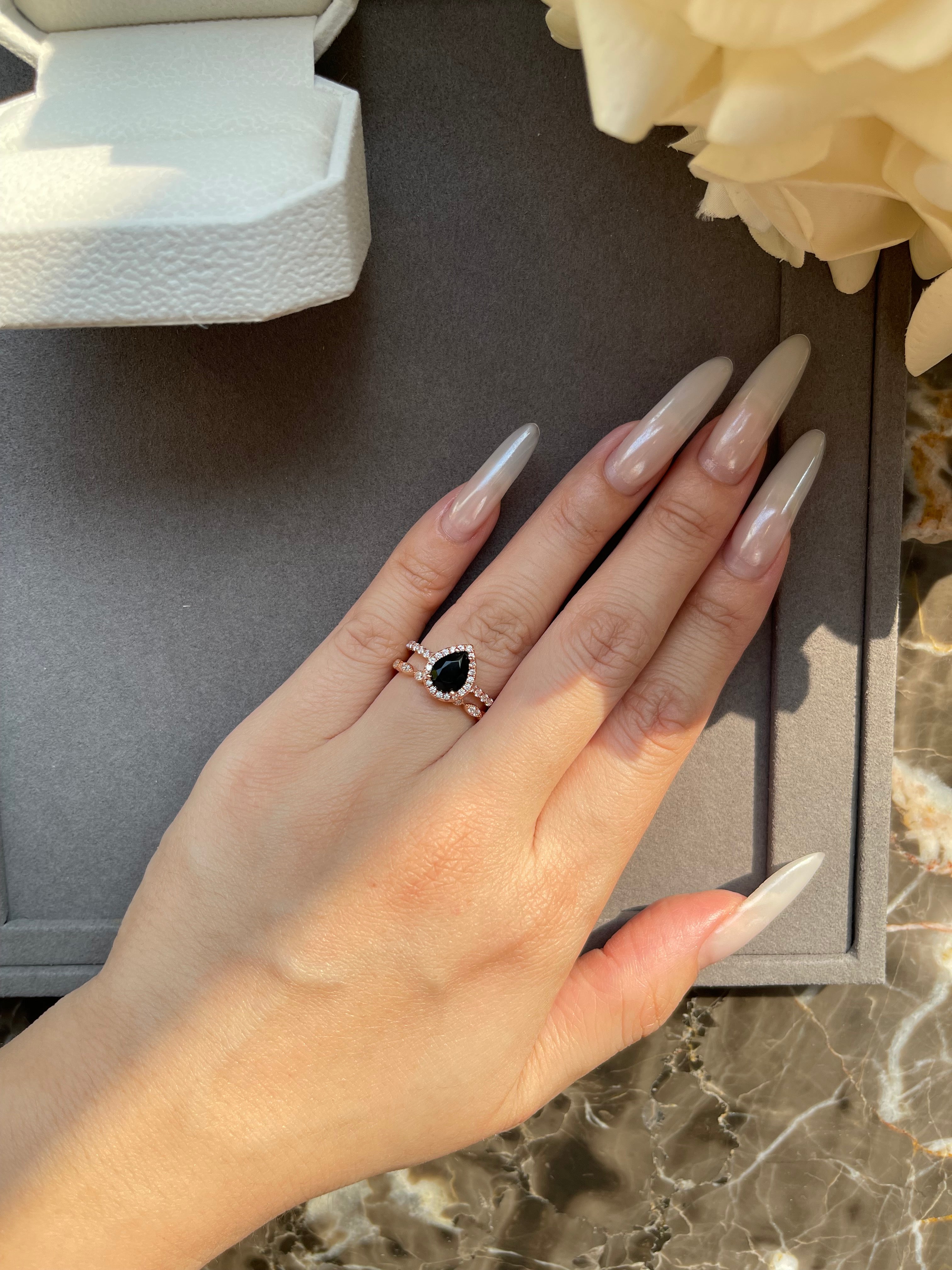 【Ebon Vortex】Handmade Natural Black Onyx Engagement Ring 0.8ct Pear Shape