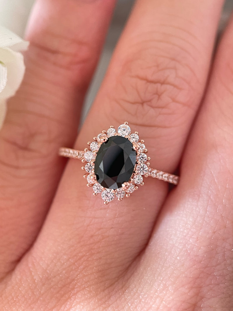 【Vespera】Bague de fiançailles ovale en onyx noir naturel fait main, 1,5 ct