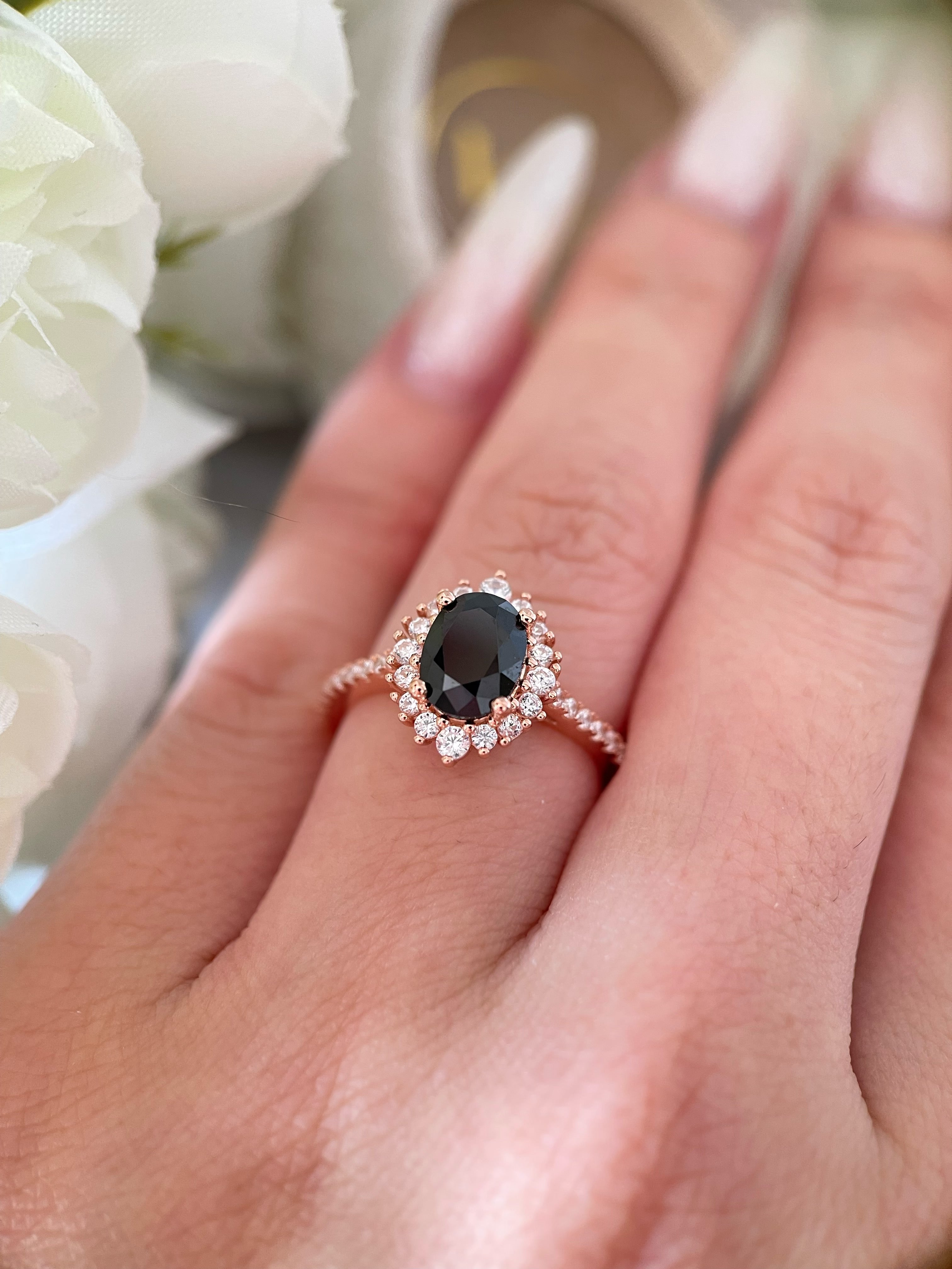 【Vespera】Handmade Natural Black Onyx Engagement Ring 1.5ct Oval Cut