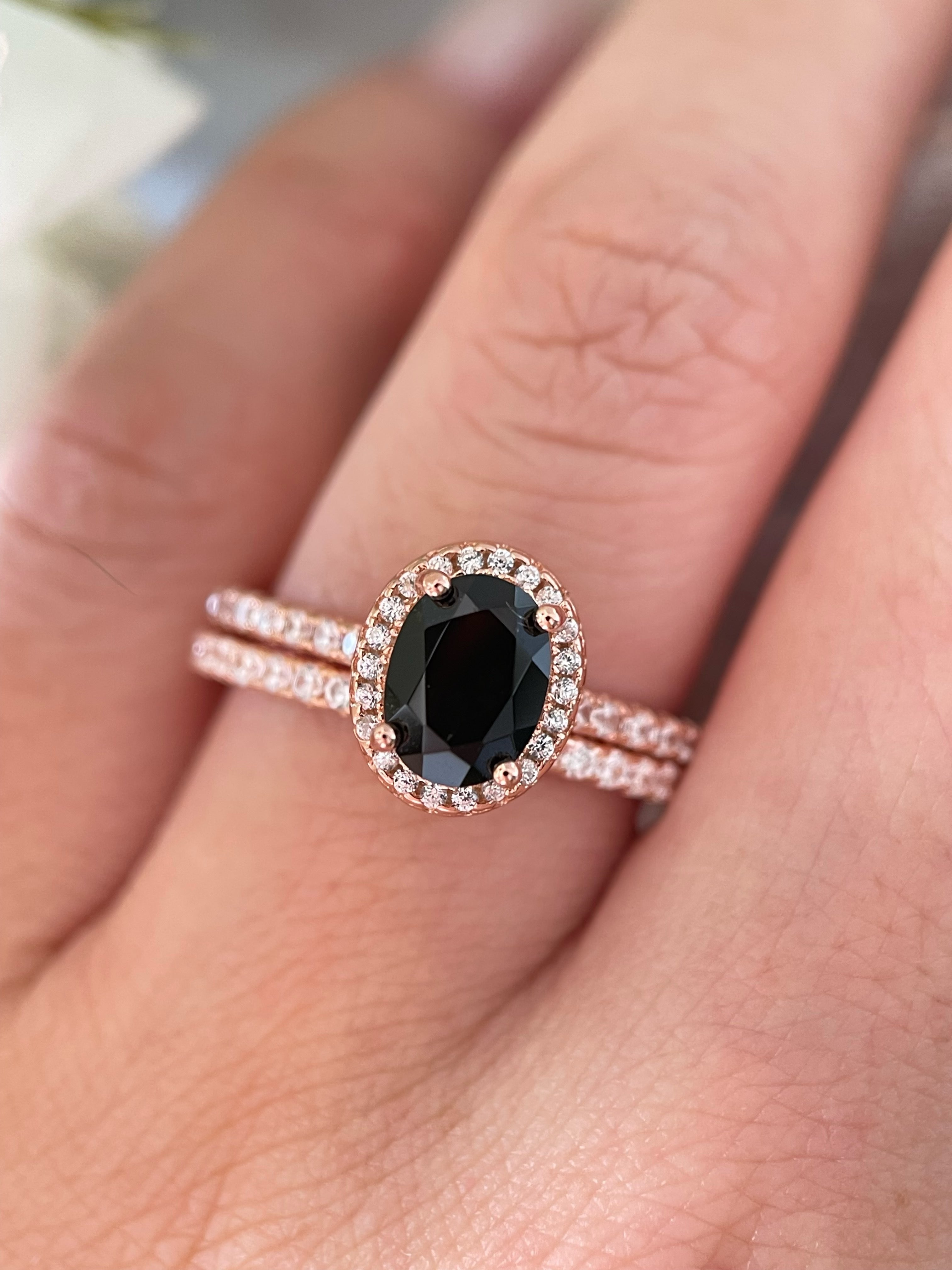 【Onyx Nocturne Set】Handmade Natural Black Onyx Engagement Ring Set 2pcs 1.5ct Oval Cut
