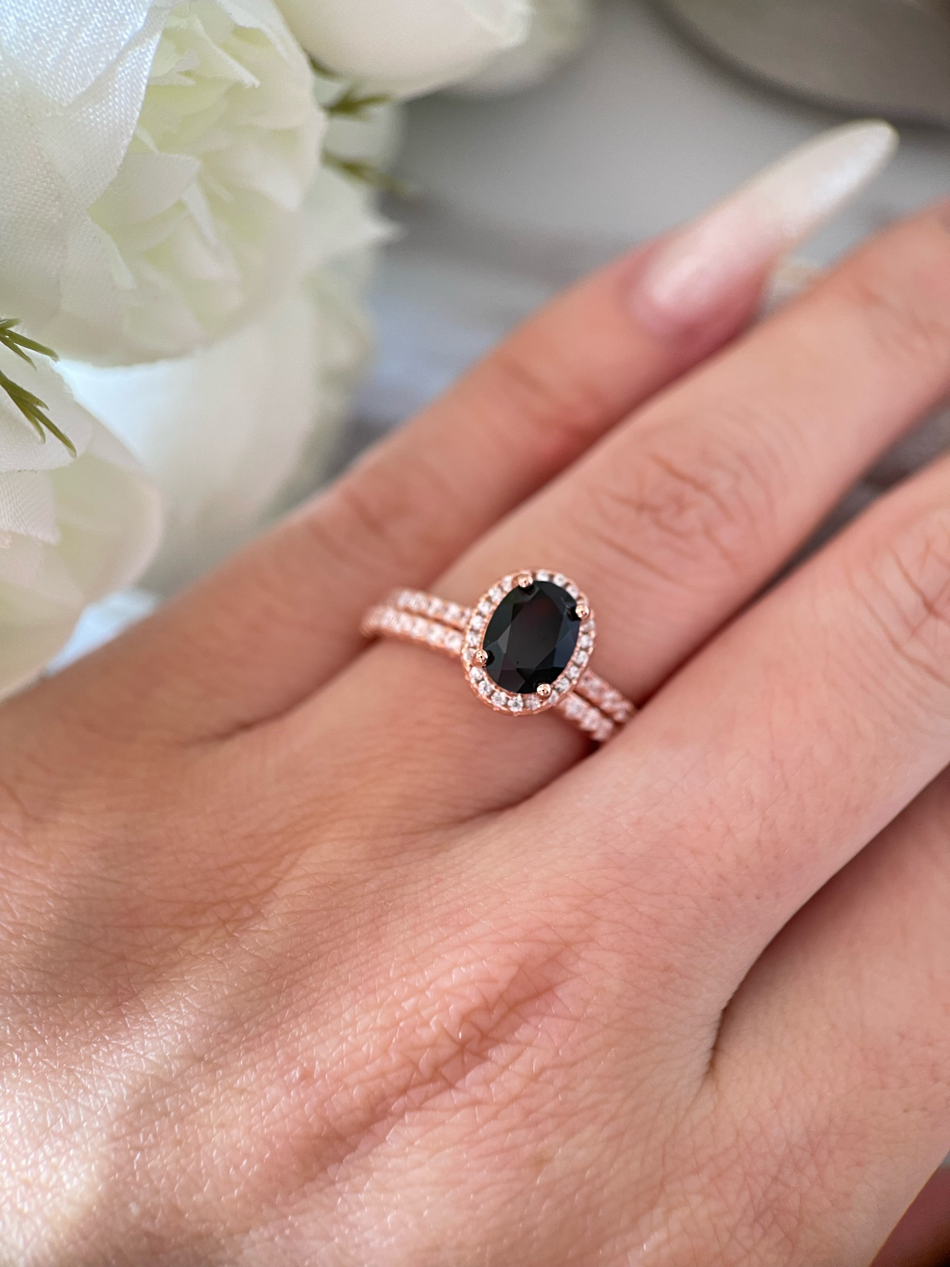 【Onyx Nocturne Set】Handmade Natural Black Onyx Engagement Ring Set 2pcs 1.5ct Oval Cut