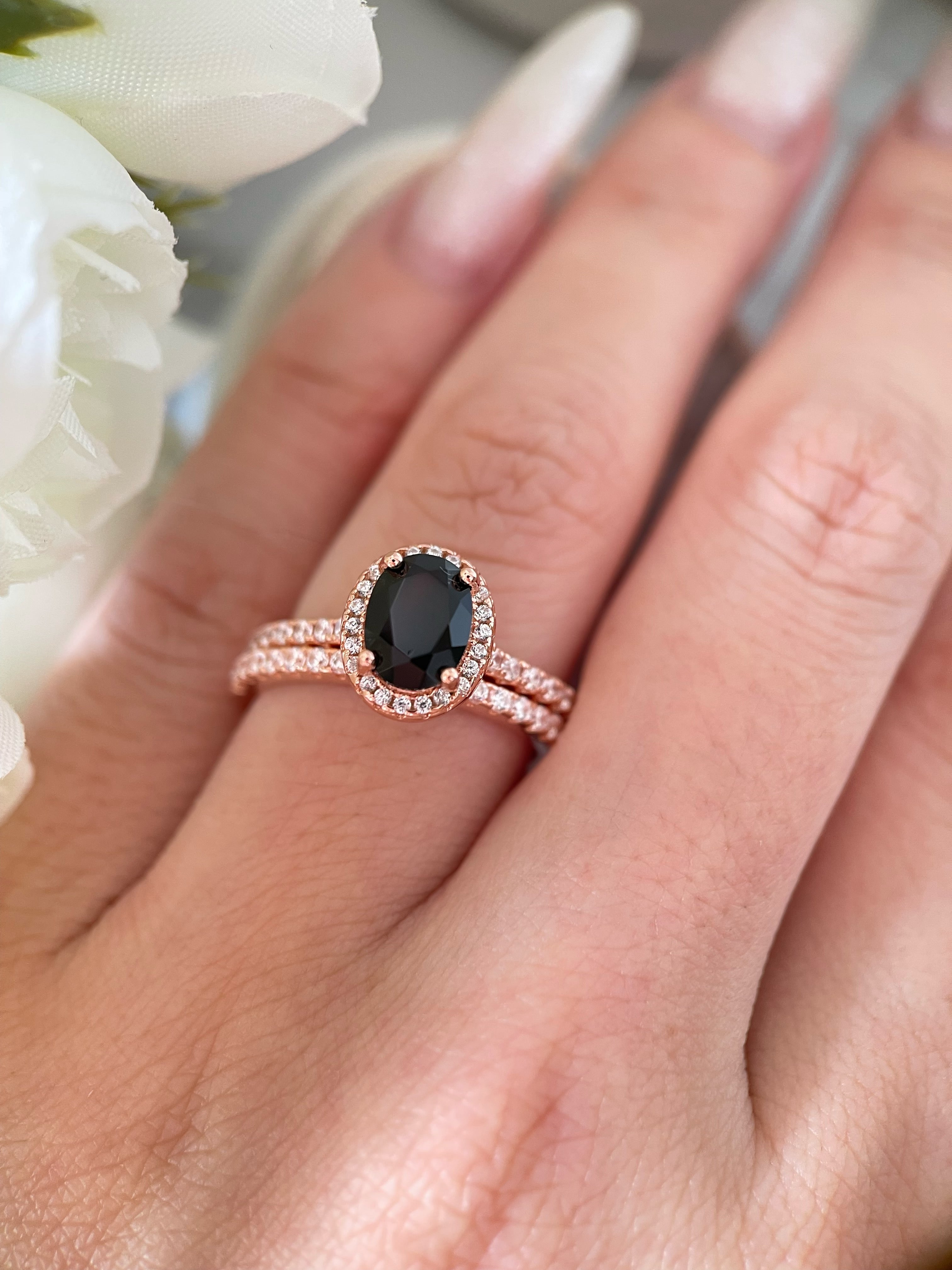 【Ensemble Onyx Nocturne】Ensemble de 2 bagues de fiançailles ovales en onyx noir naturel, 1,5 ct, fabriquées à la main