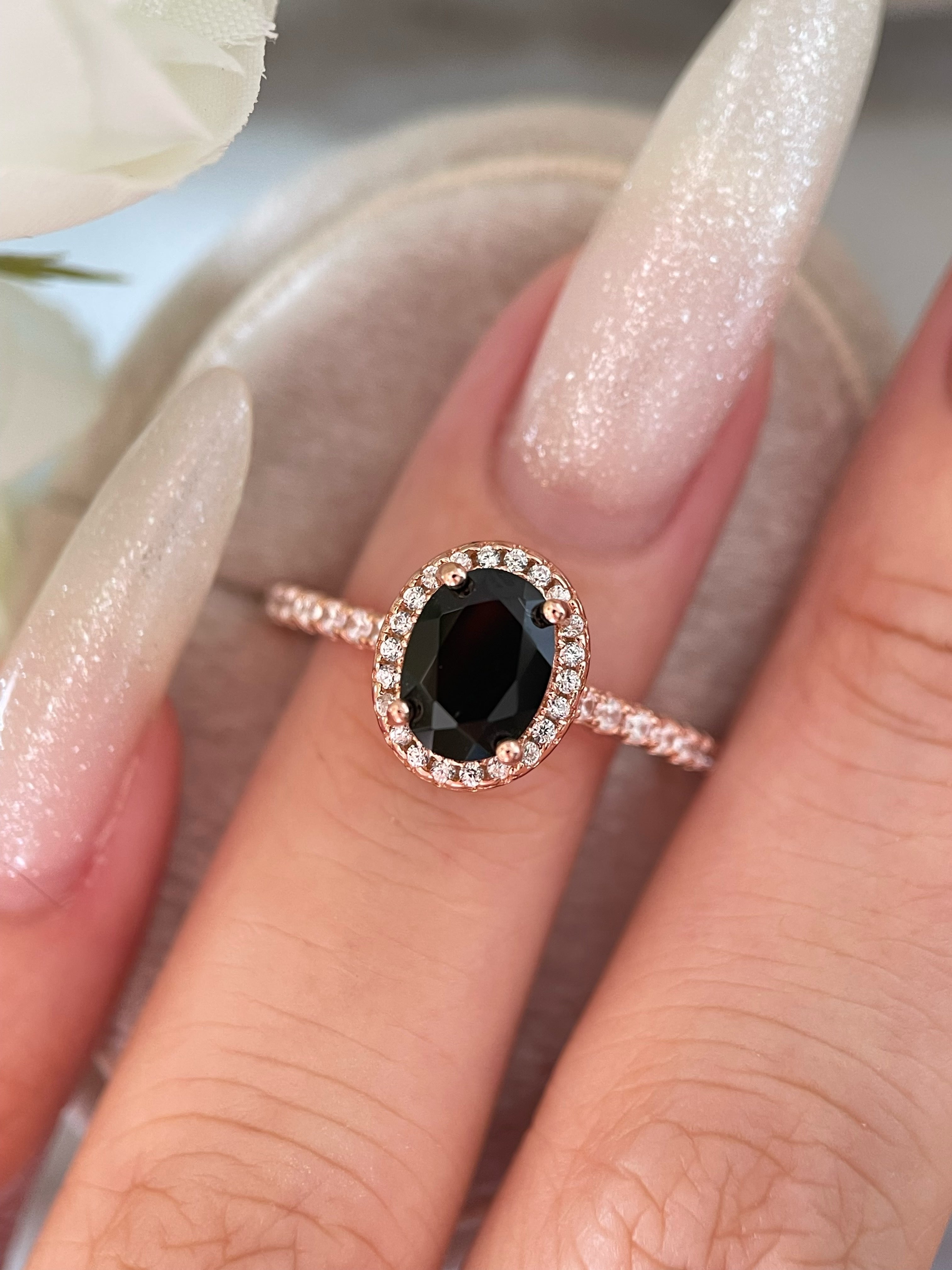 【Onyx Nocturne】Handmade Natural Black Onyx Engagement Ring 1.5ct Oval Cut