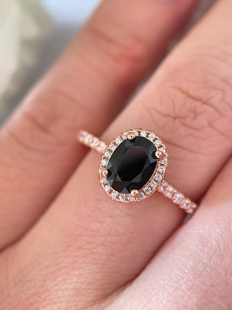 【Onyx Nocturne】Bague de fiançailles ovale en onyx noir naturel fait main, 1,5 ct
