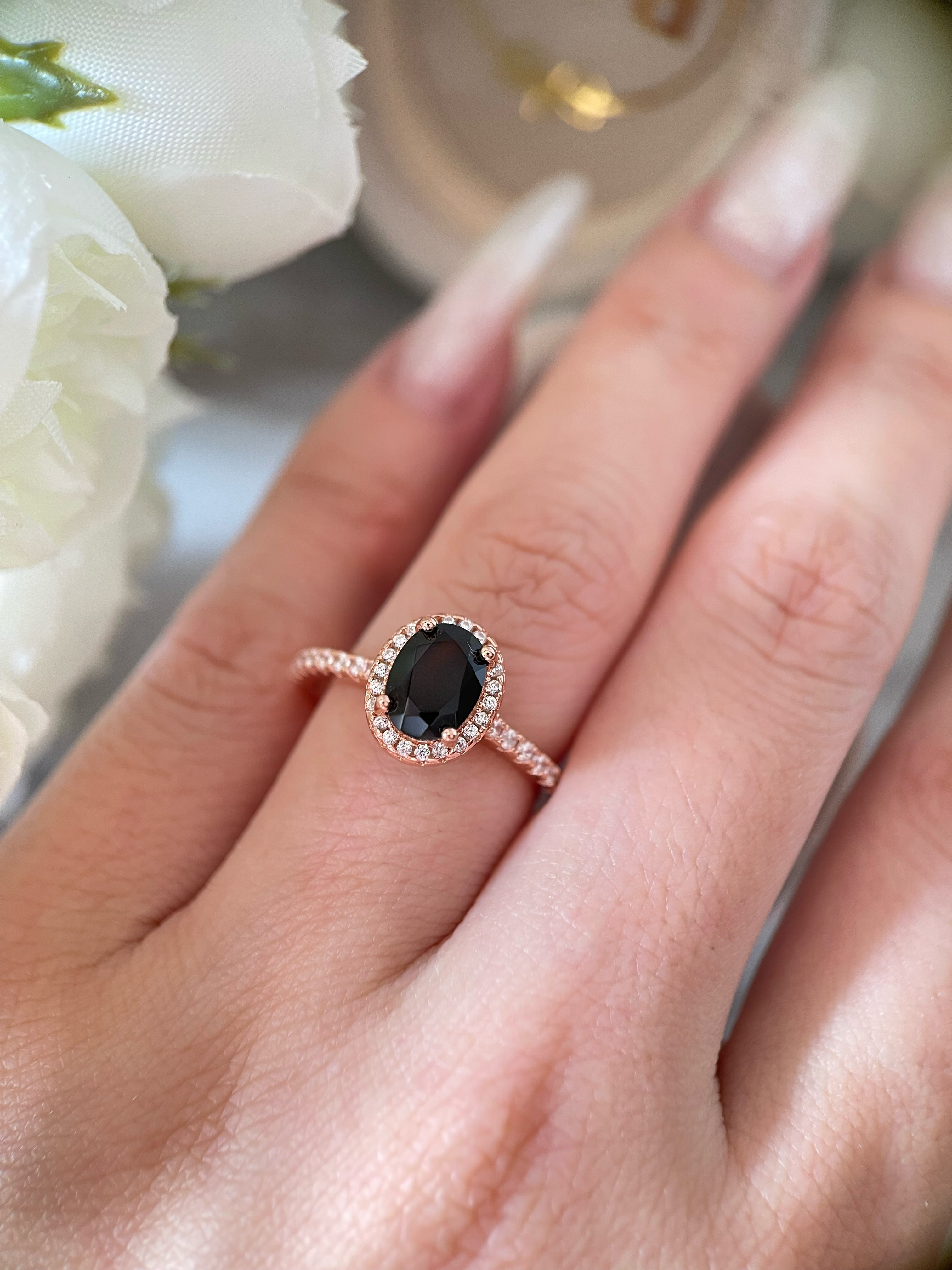 【Onyx Nocturne】Handmade Natural Black Onyx Engagement Ring 1.5ct Oval Cut