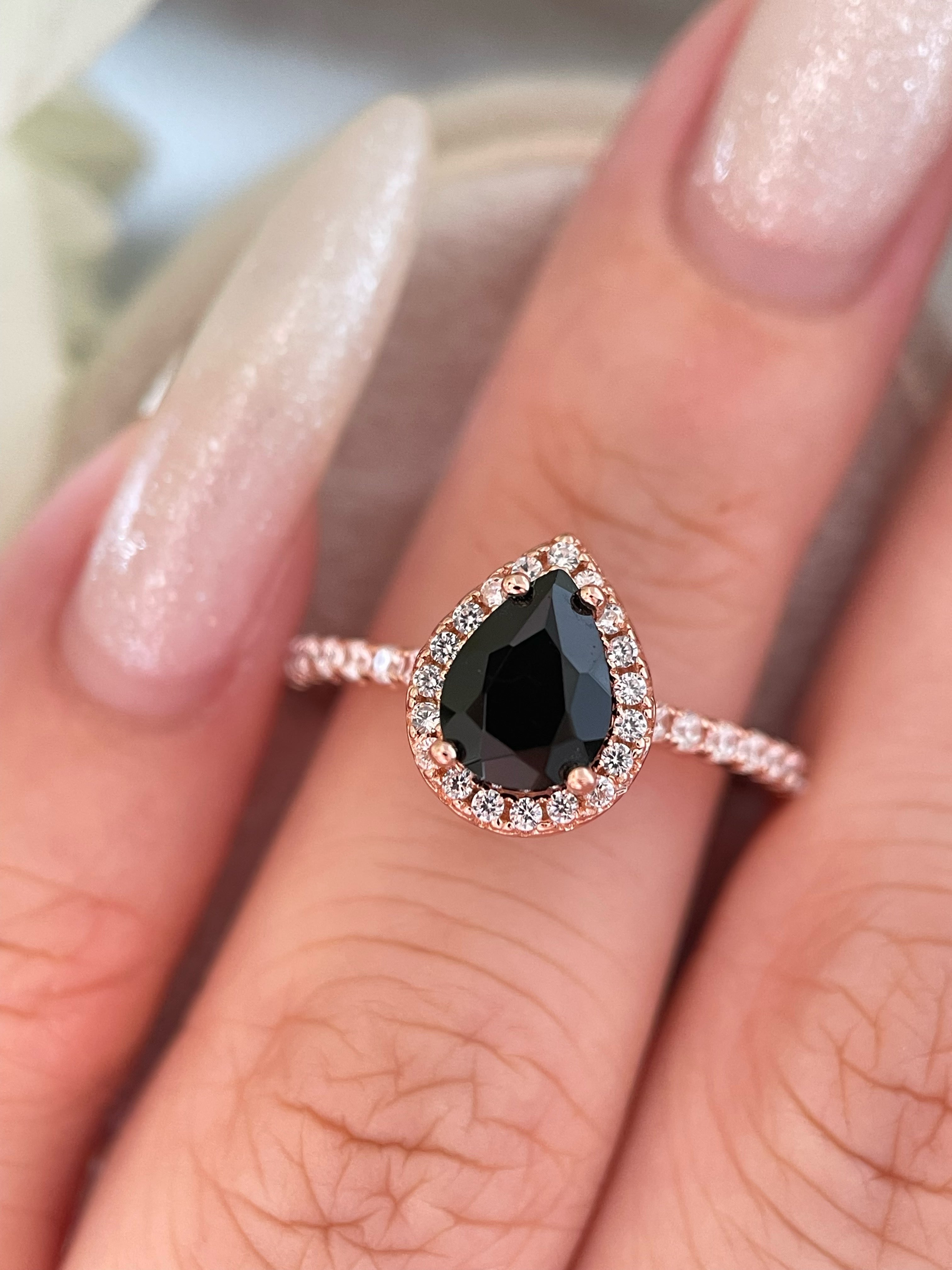 【Ebon Vortex】Handmade Natural Black Onyx Engagement Ring 0.8ct Pear Cut