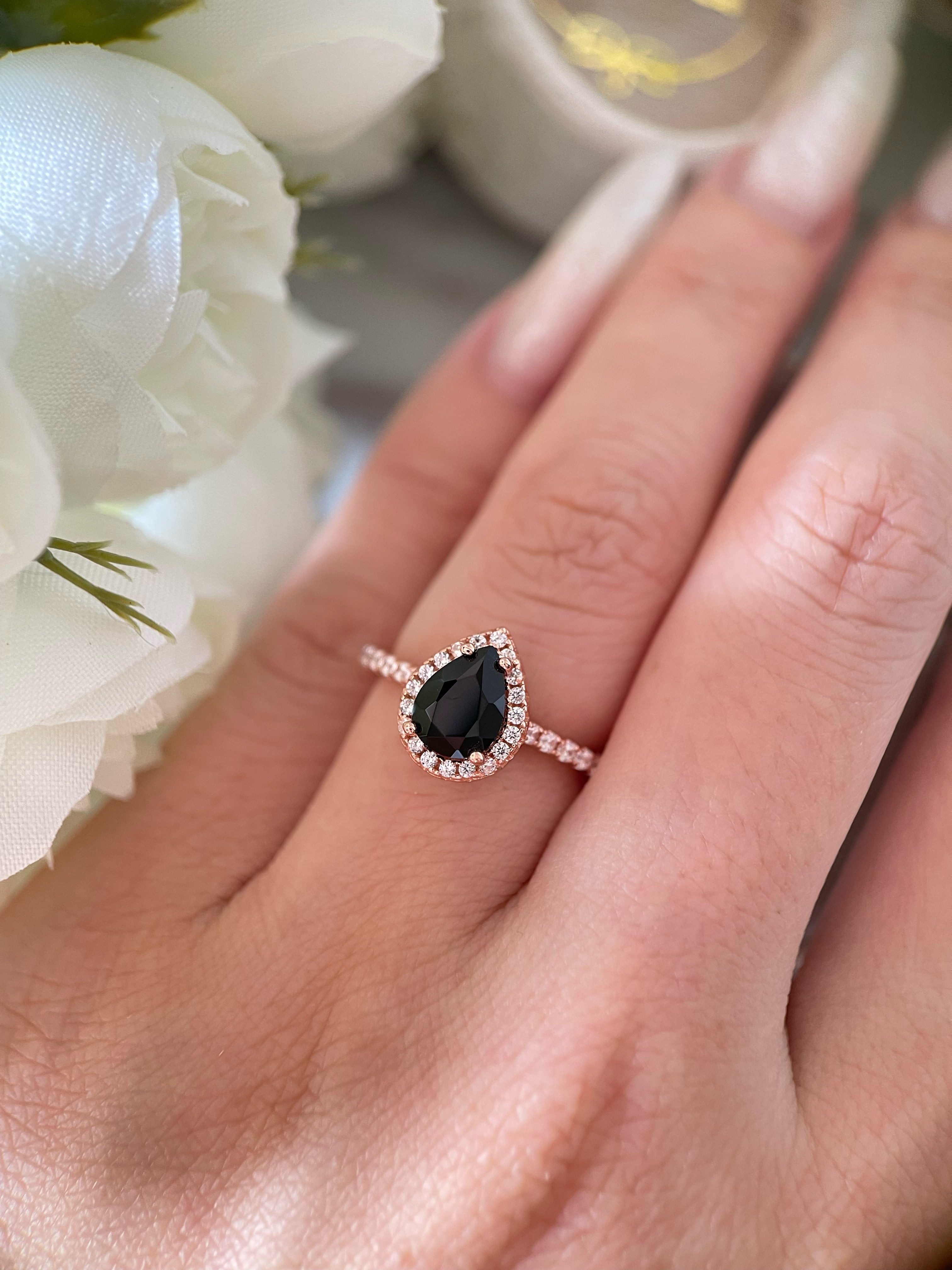 【Ebon Vortex】Handmade Natural Black Onyx Engagement Ring 0.8ct Pear Cut