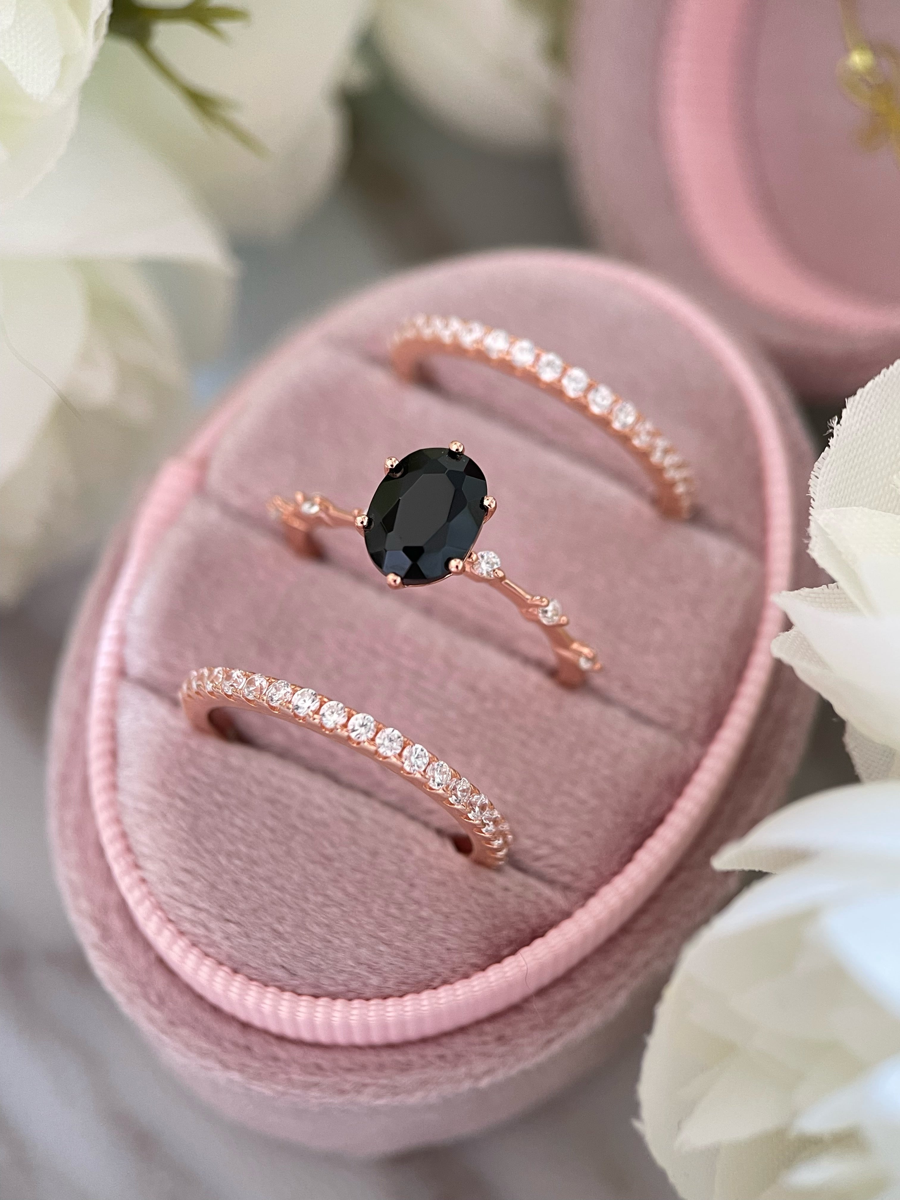 【Ensemble Aegis】Ensemble de 3 bagues de fiançailles ovales en onyx noir naturel fait main, 1,5 ct 