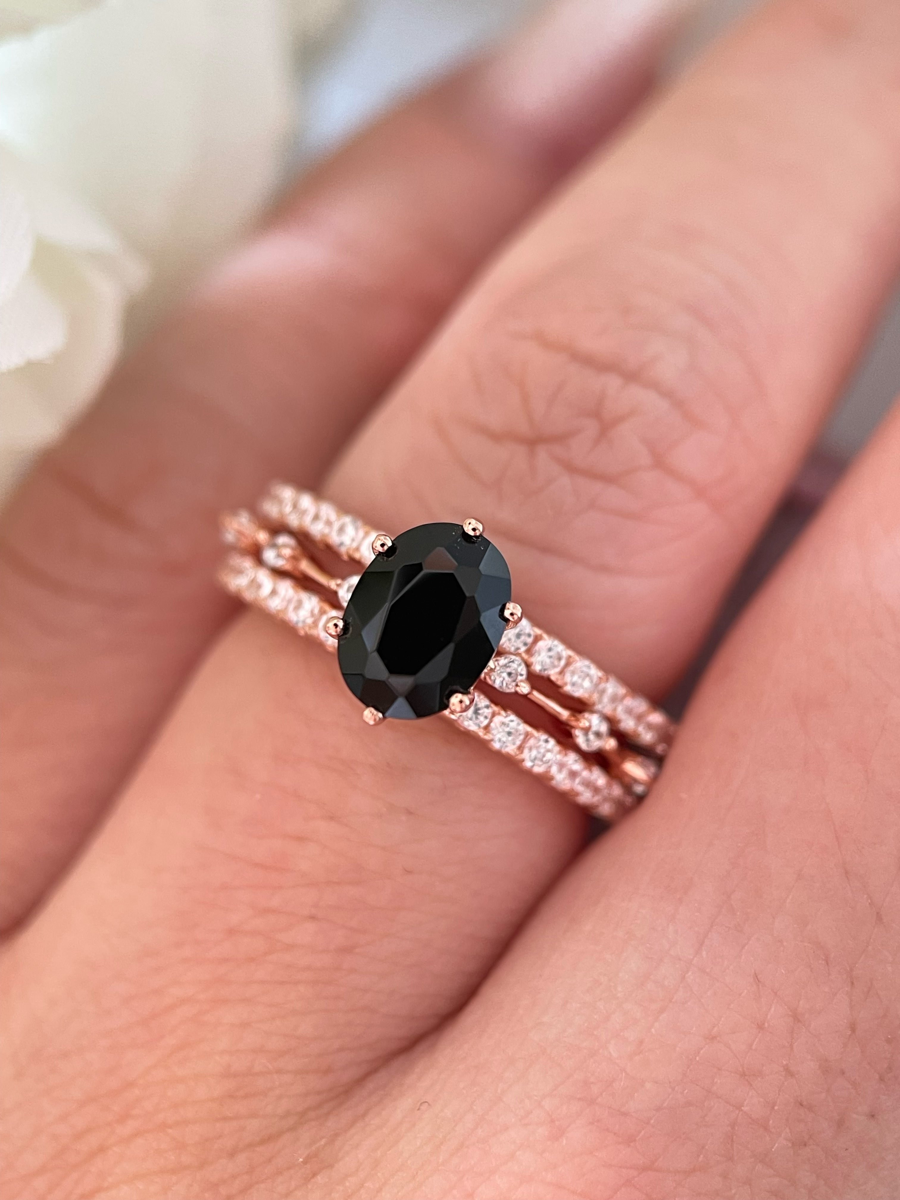 【Aegis Set】Handmade Natural Black Onyx Engagement Ring Set 3pcs 1.5ct Oval Cut