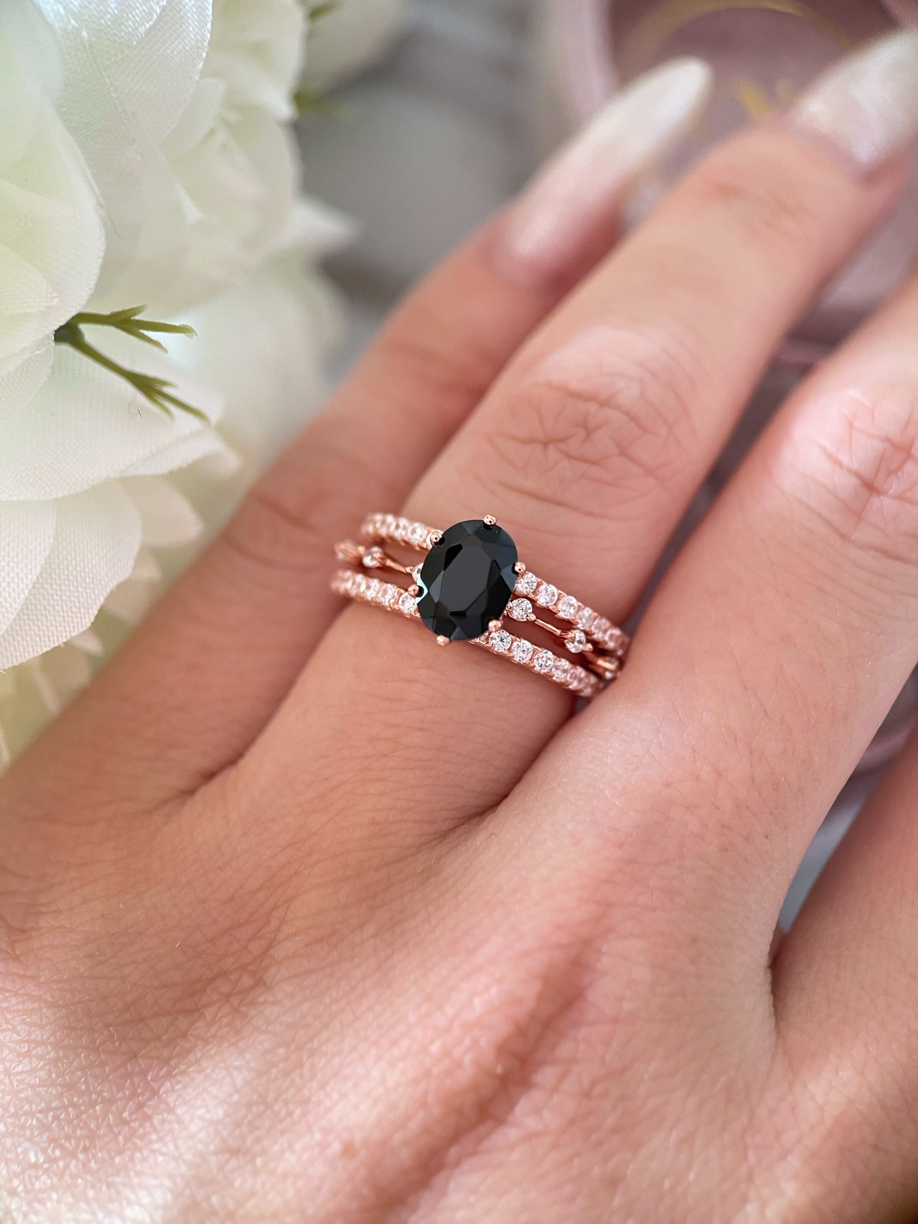 【Aegis Set】Handmade Natural Black Onyx Engagement Ring Set 3pcs 1.5ct Oval Cut