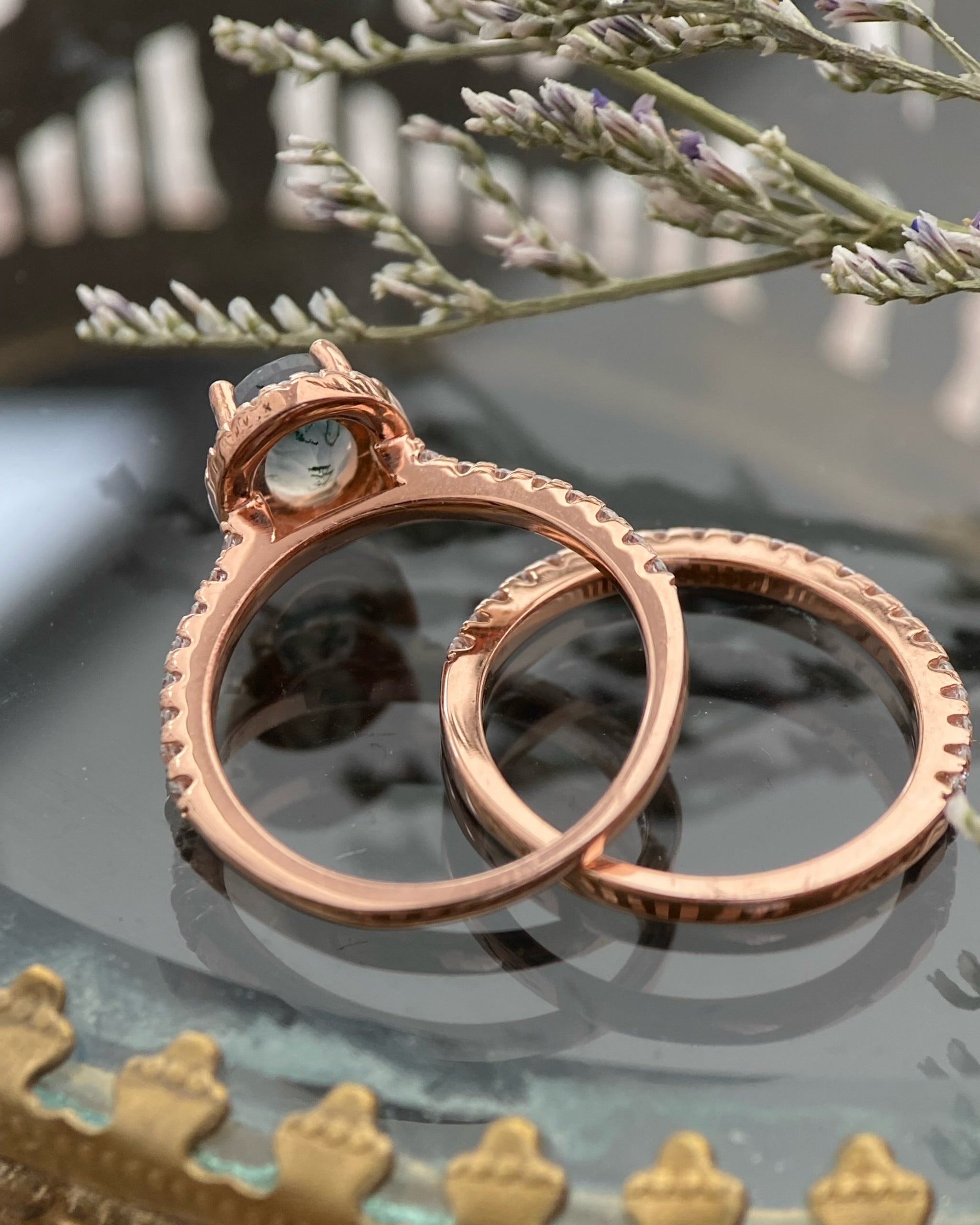 【Ensemble Enchanted Grovec】Ensemble unique de bagues de fiançailles en agate mousse naturelle faite à la main, 2 pièces, 1,5 ct, forme ovale