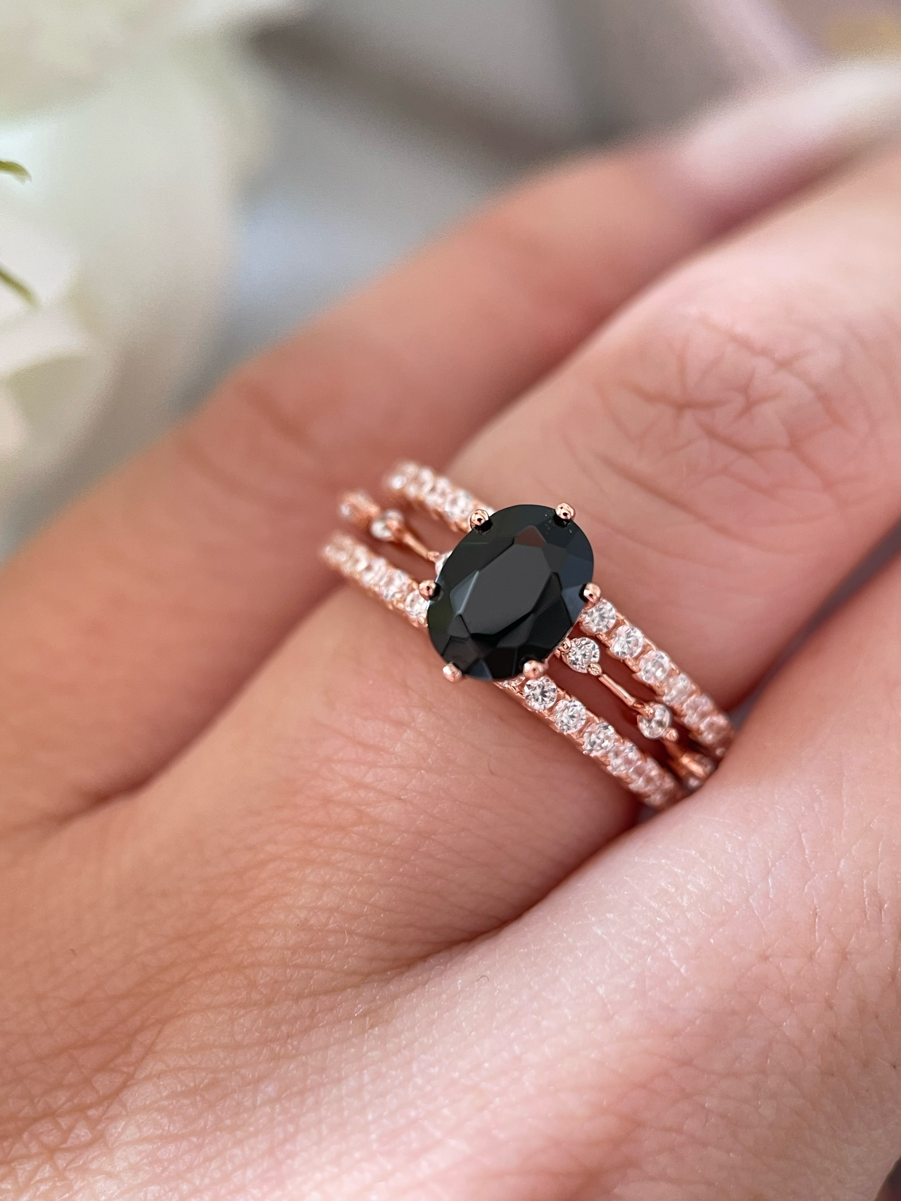 【Ensemble Aegis】Ensemble de 3 bagues de fiançailles ovales en onyx noir naturel fait main, 1,5 ct 