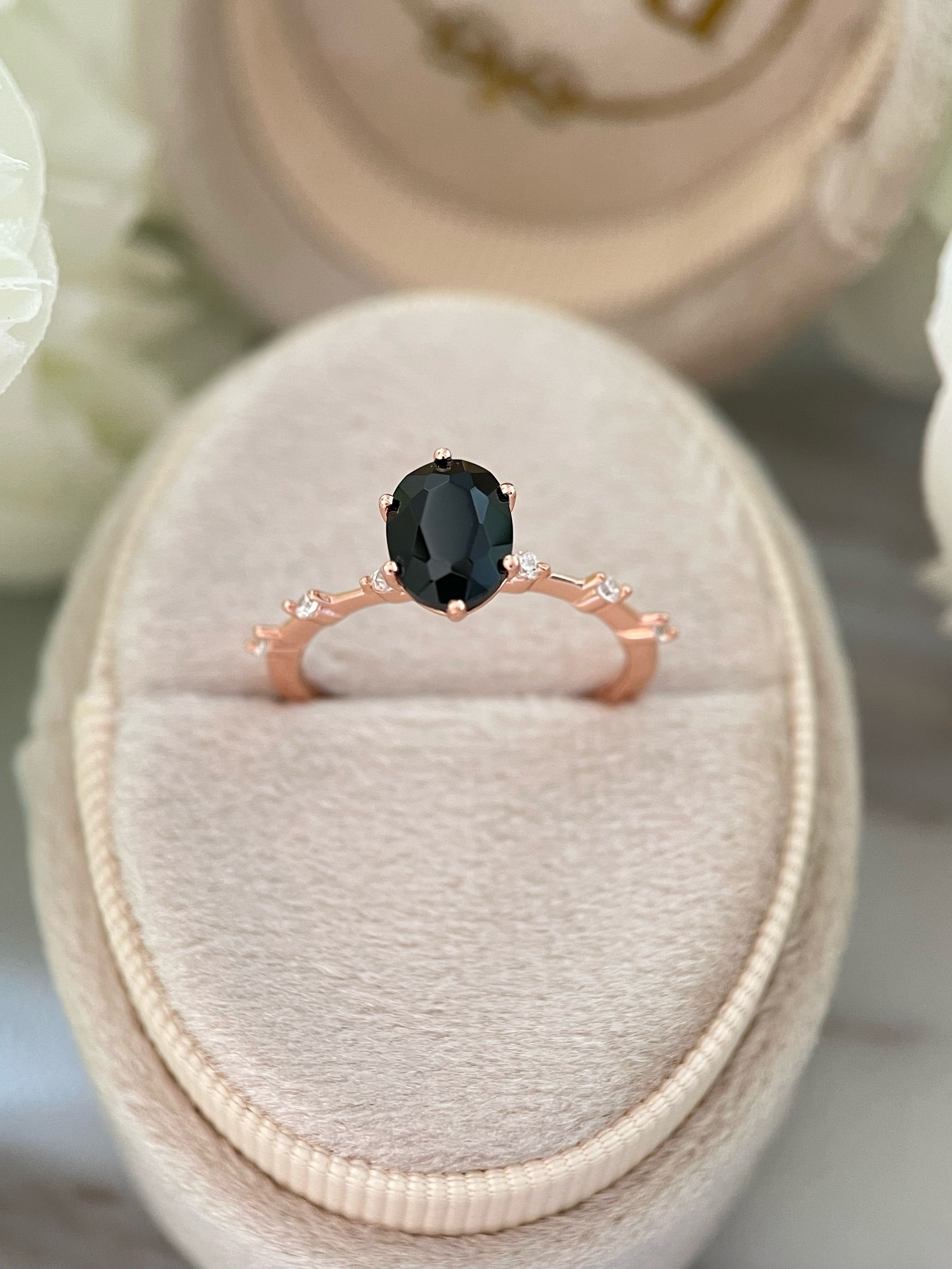 Aegis】Handmade Natural Black Onyx Engagement Ring 1.5ct Oval Cut