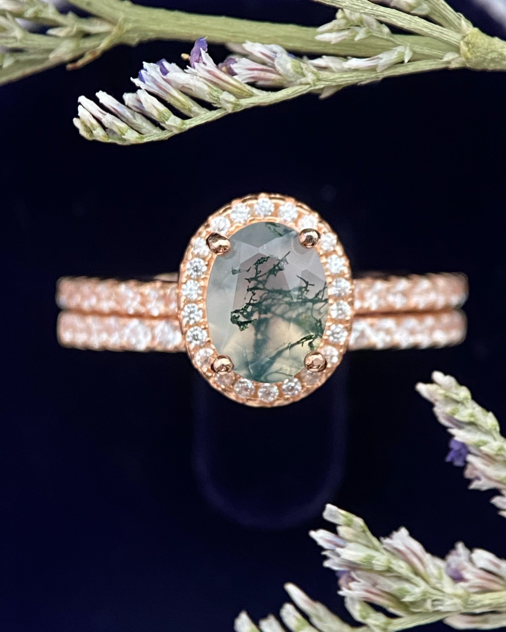 【Ensemble Enchanted Grovec】Ensemble unique de bagues de fiançailles en agate mousse naturelle faite à la main, 2 pièces, 1,5 ct, forme ovale