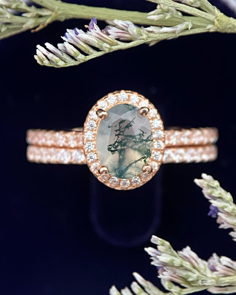 【Ensemble Enchanted Grovec】Ensemble unique de bagues de fiançailles en agate mousse naturelle faite à la main, 2 pièces, 1,5 ct, forme ovale