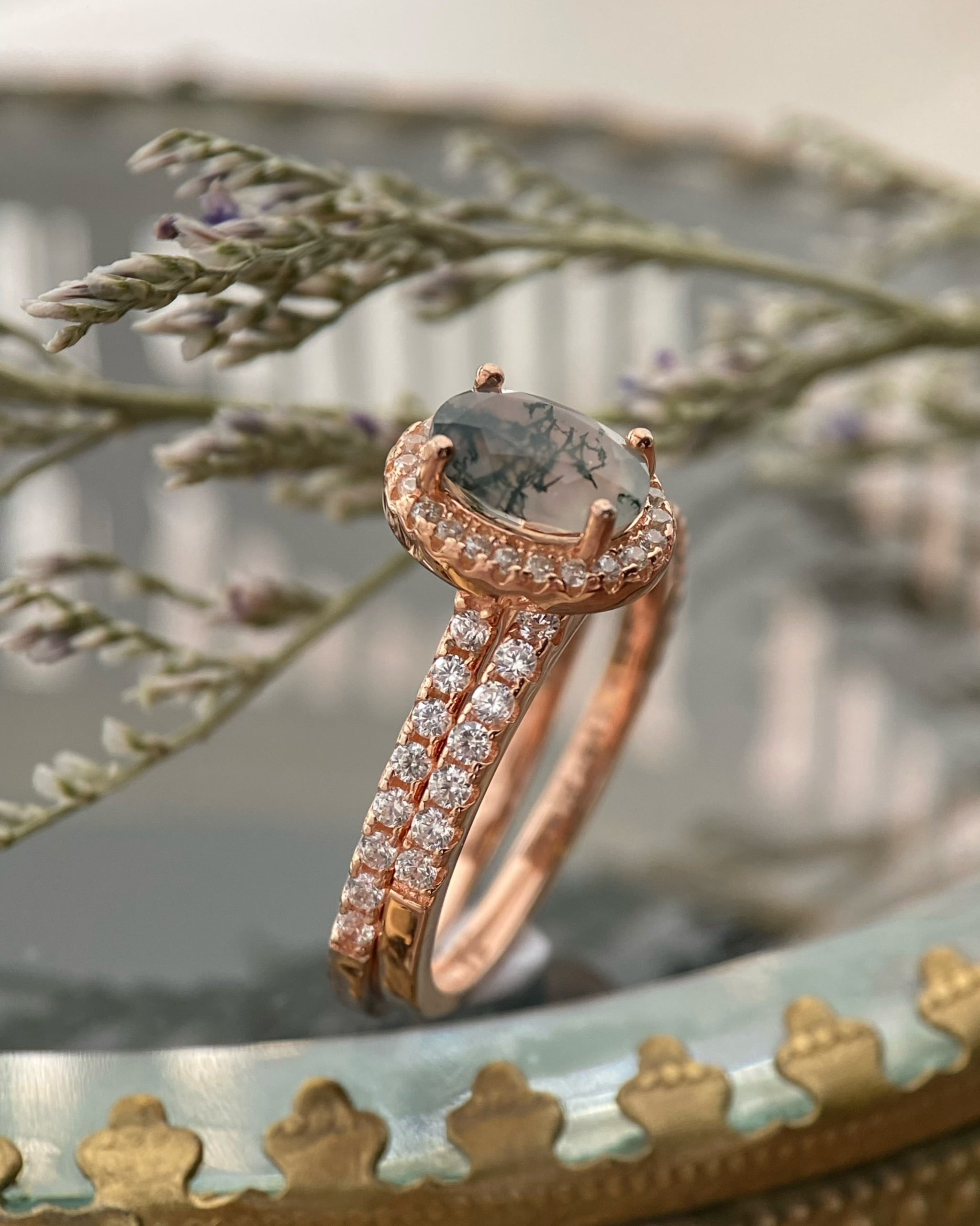 【Ensemble Enchanted Grovec】Ensemble unique de bagues de fiançailles en agate mousse naturelle faite à la main, 2 pièces, 1,5 ct, forme ovale
