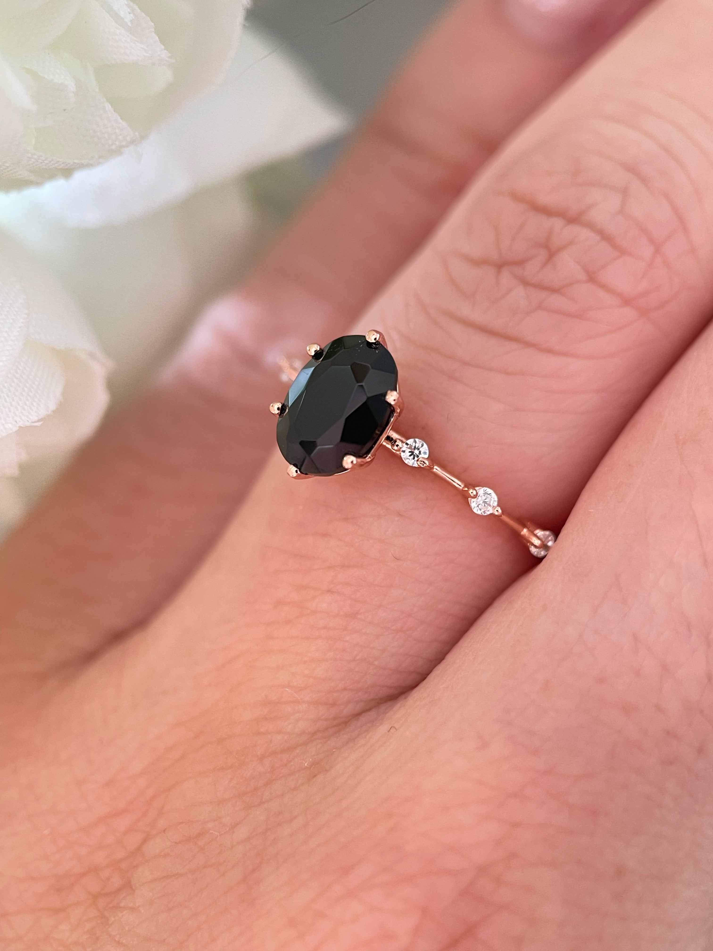 【Aegis】Handmade Natural Black Onyx Engagement Ring 1.5ct Oval Cut