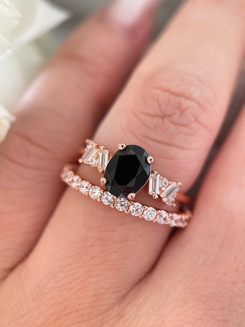 【Eclipsa Set】Handmade Natural Black Onyx Engagement Ring Set 2pcs 1.5ct Oval Cut