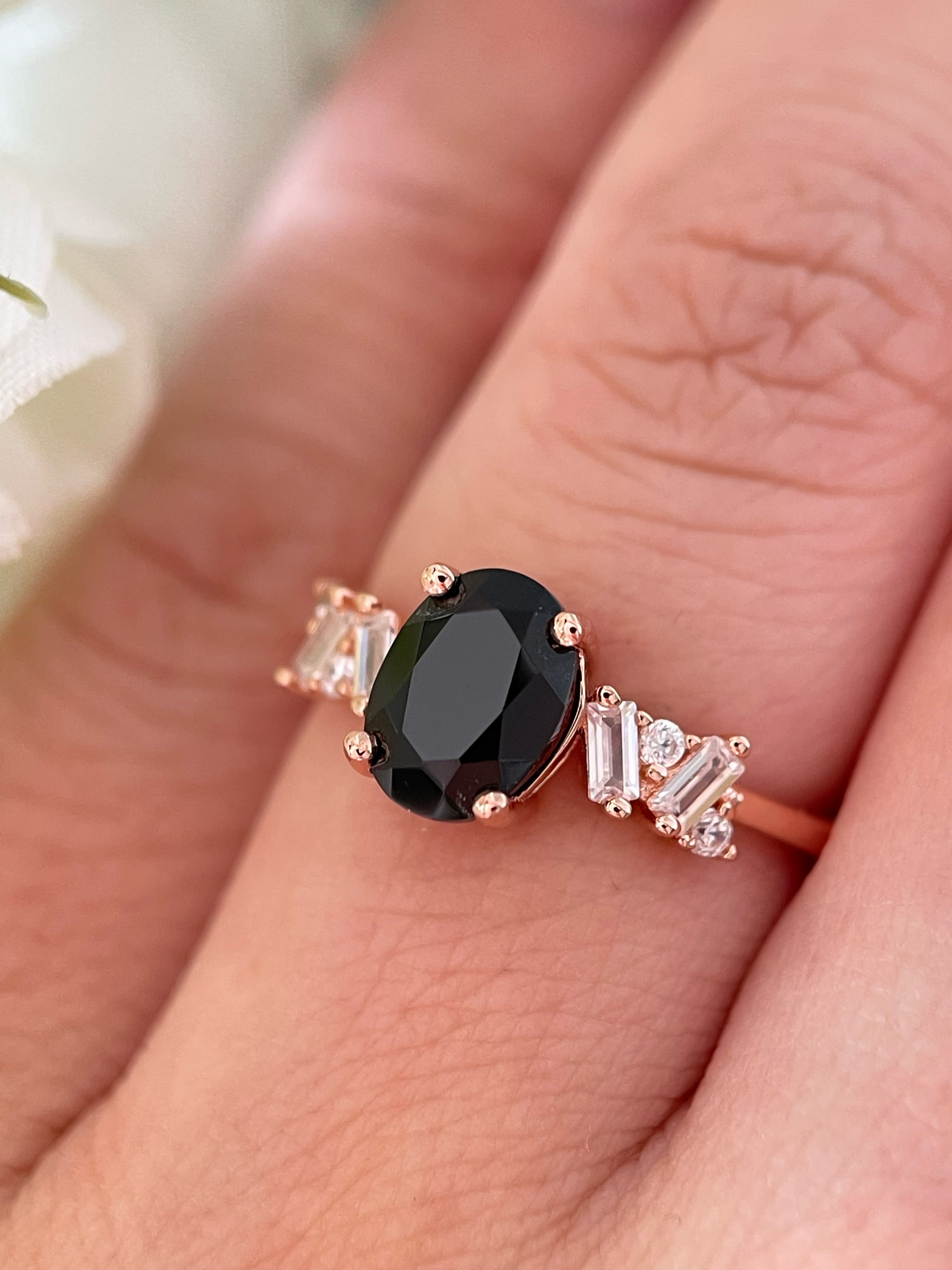 【Eclipsa】Handmade Natural Black Onyx Engagement Ring 1.5ct Oval Cut