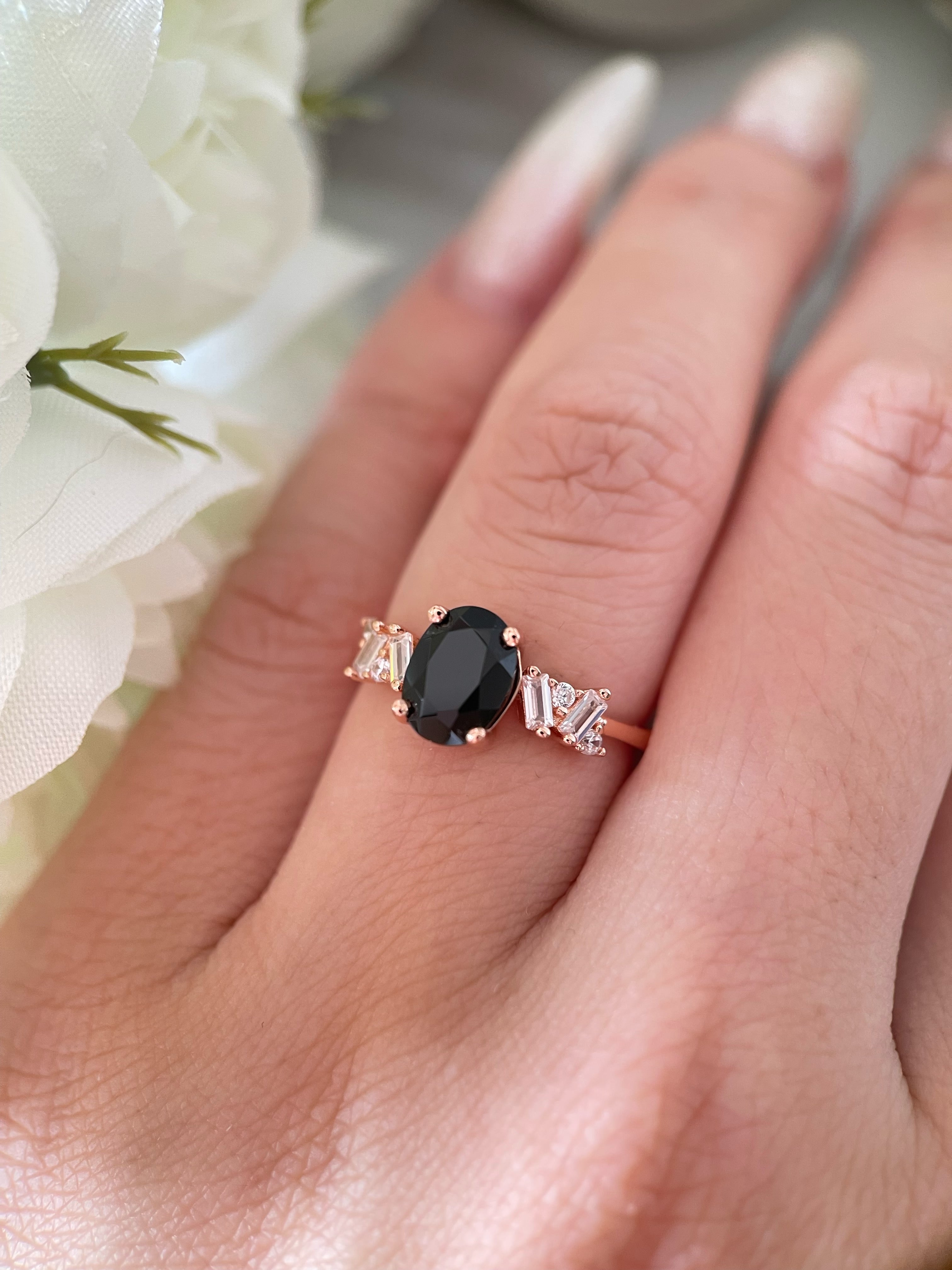 【Eclipsa】Handmade Natural Black Onyx Engagement Ring 1.5ct Oval Cut