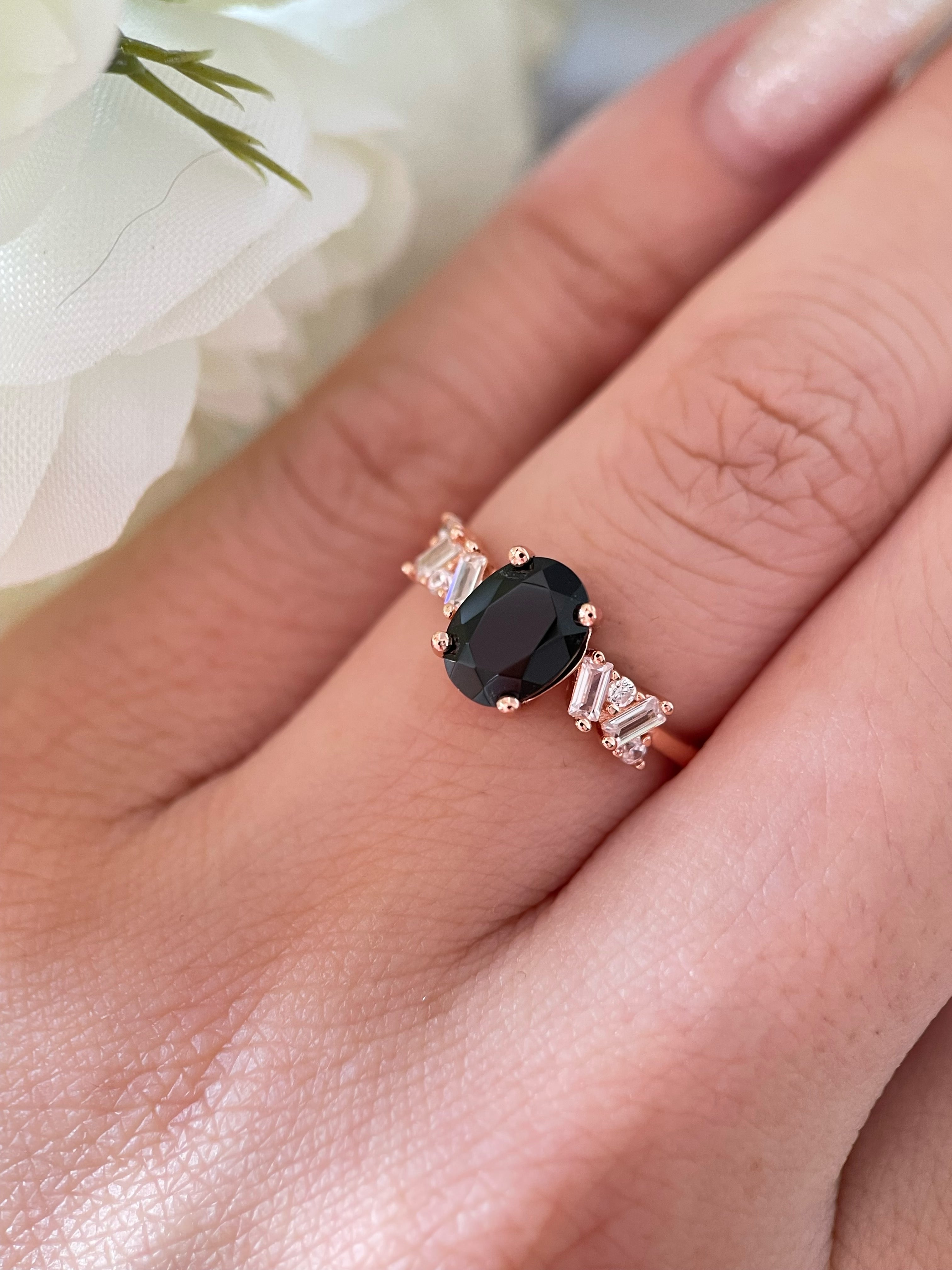 【Eclipsa】Handmade Natural Black Onyx Engagement Ring 1.5ct Oval Cut