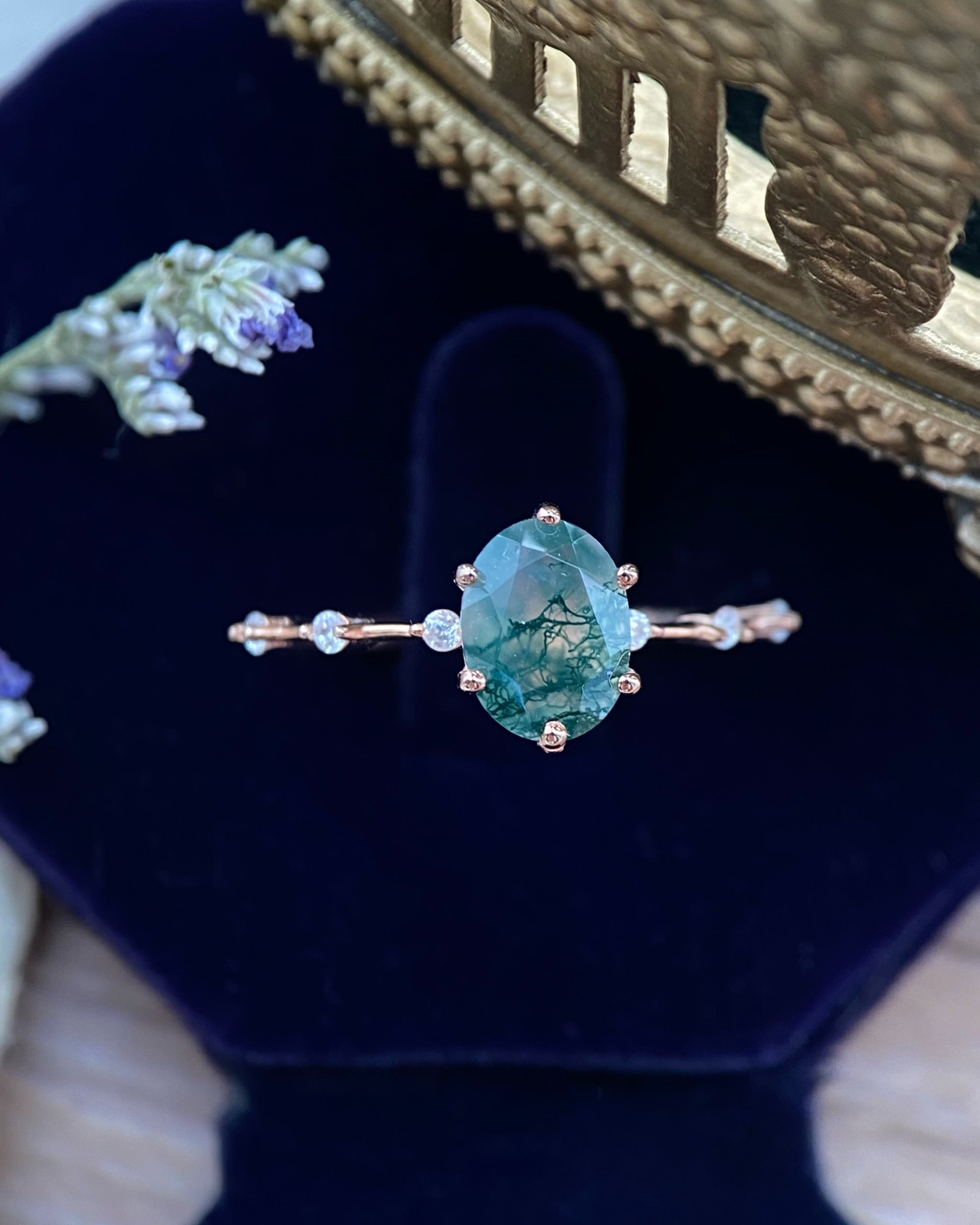 【Rootkeeper】Bague de fiançailles unique en agate mousse naturelle faite à la main, de forme ovale, 1,5 ct