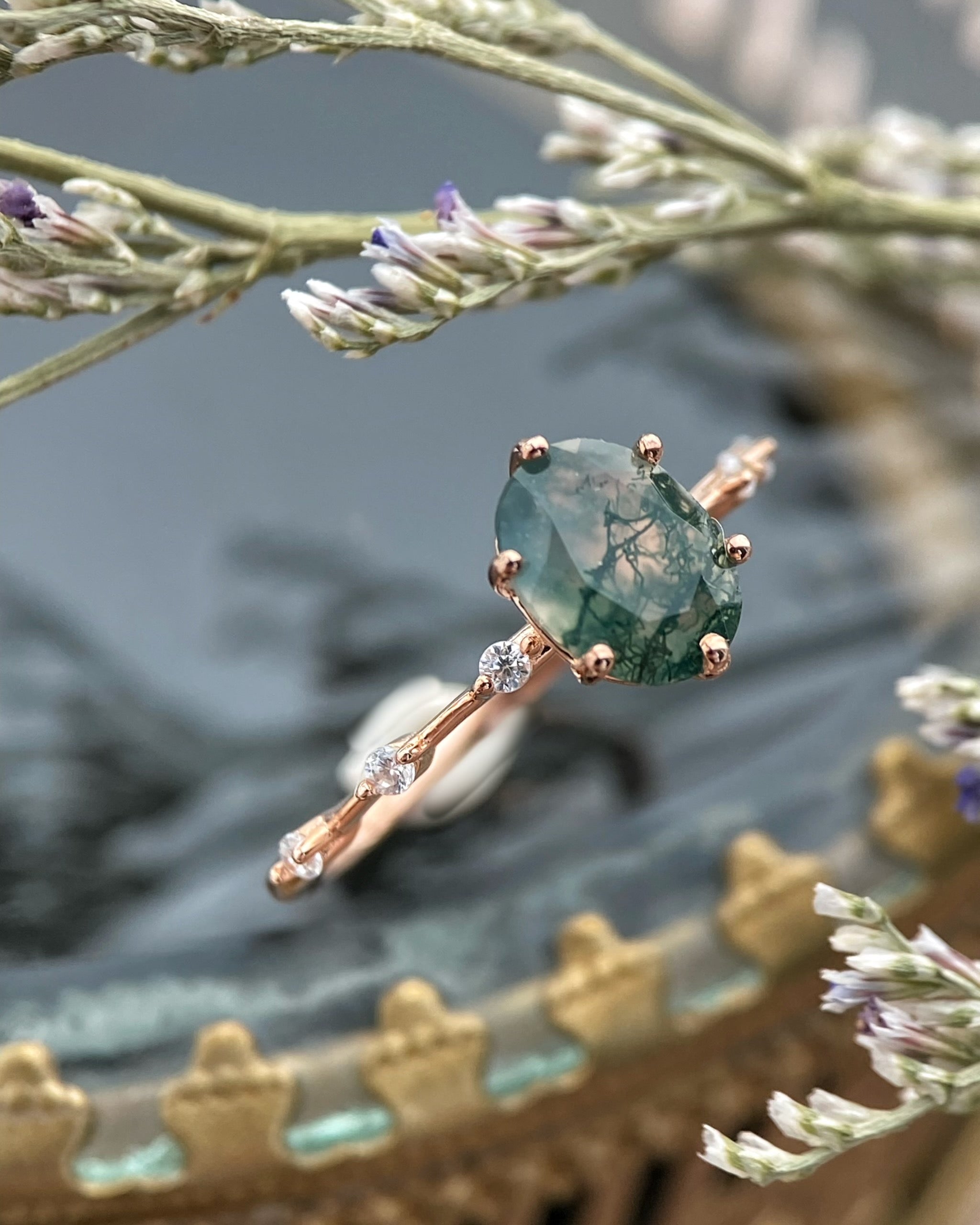 【Rootkeeper】Bague de fiançailles unique en agate mousse naturelle faite à la main, de forme ovale, 1,5 ct