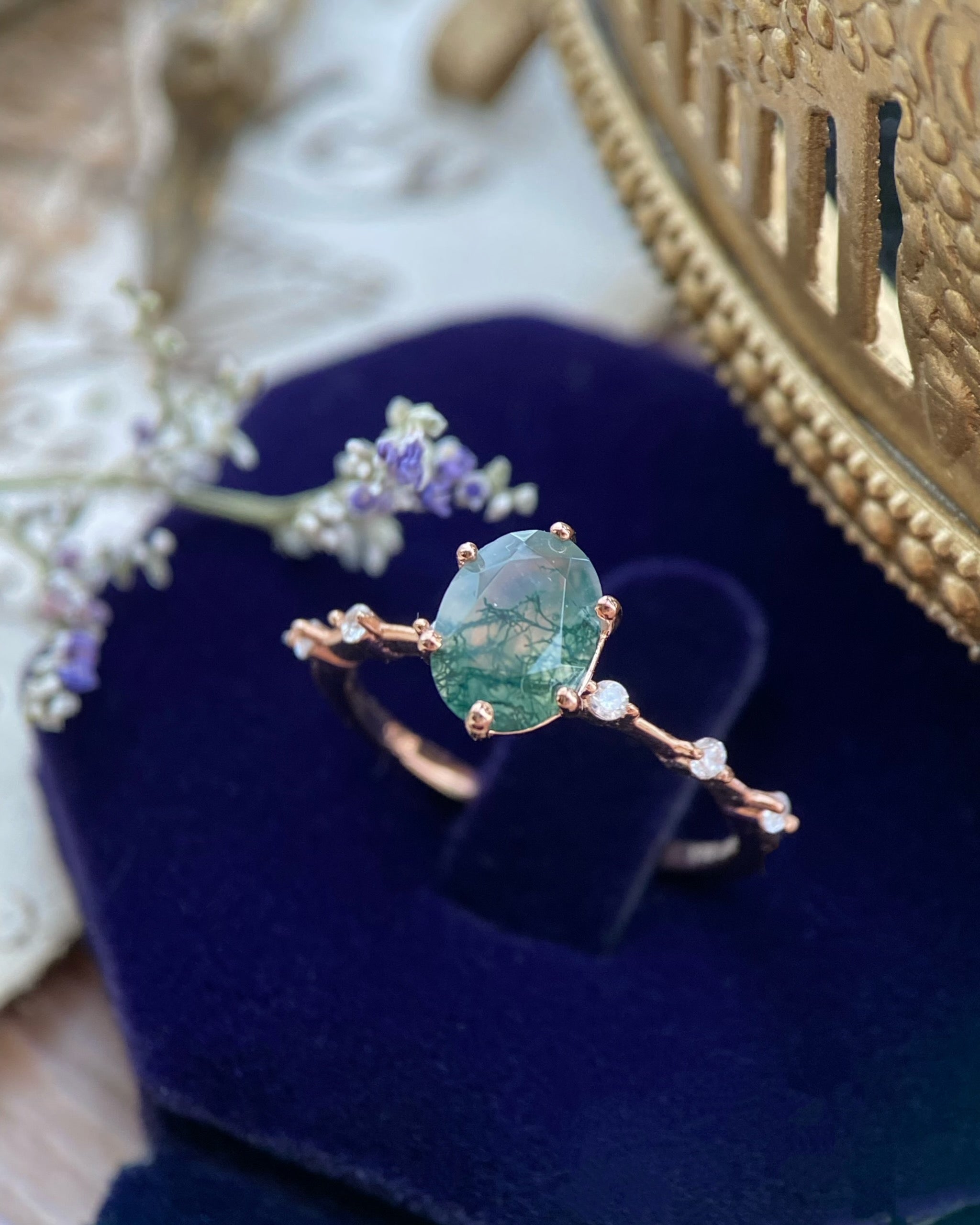 【Rootkeeper】Bague de fiançailles unique en agate mousse naturelle faite à la main, de forme ovale, 1,5 ct