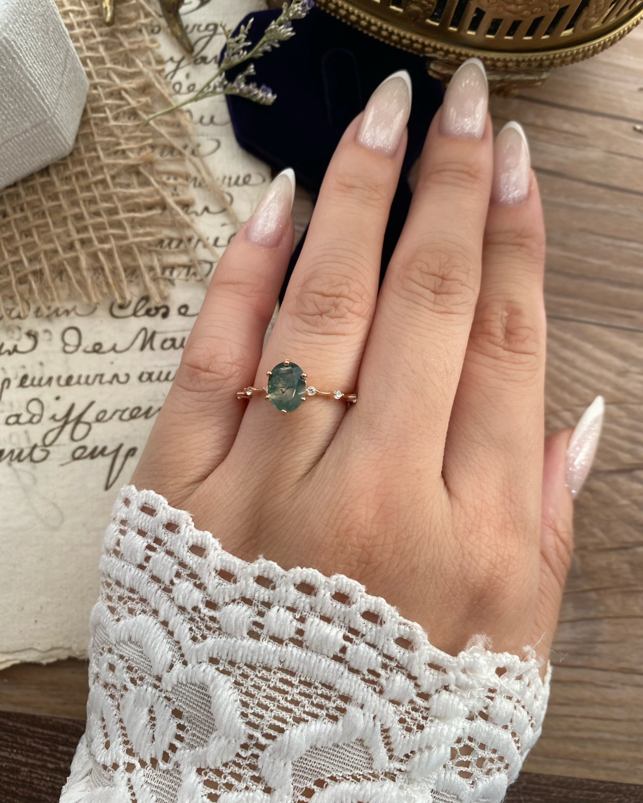 【Rootkeeper】Bague de fiançailles unique en agate mousse naturelle faite à la main, de forme ovale, 1,5 ct